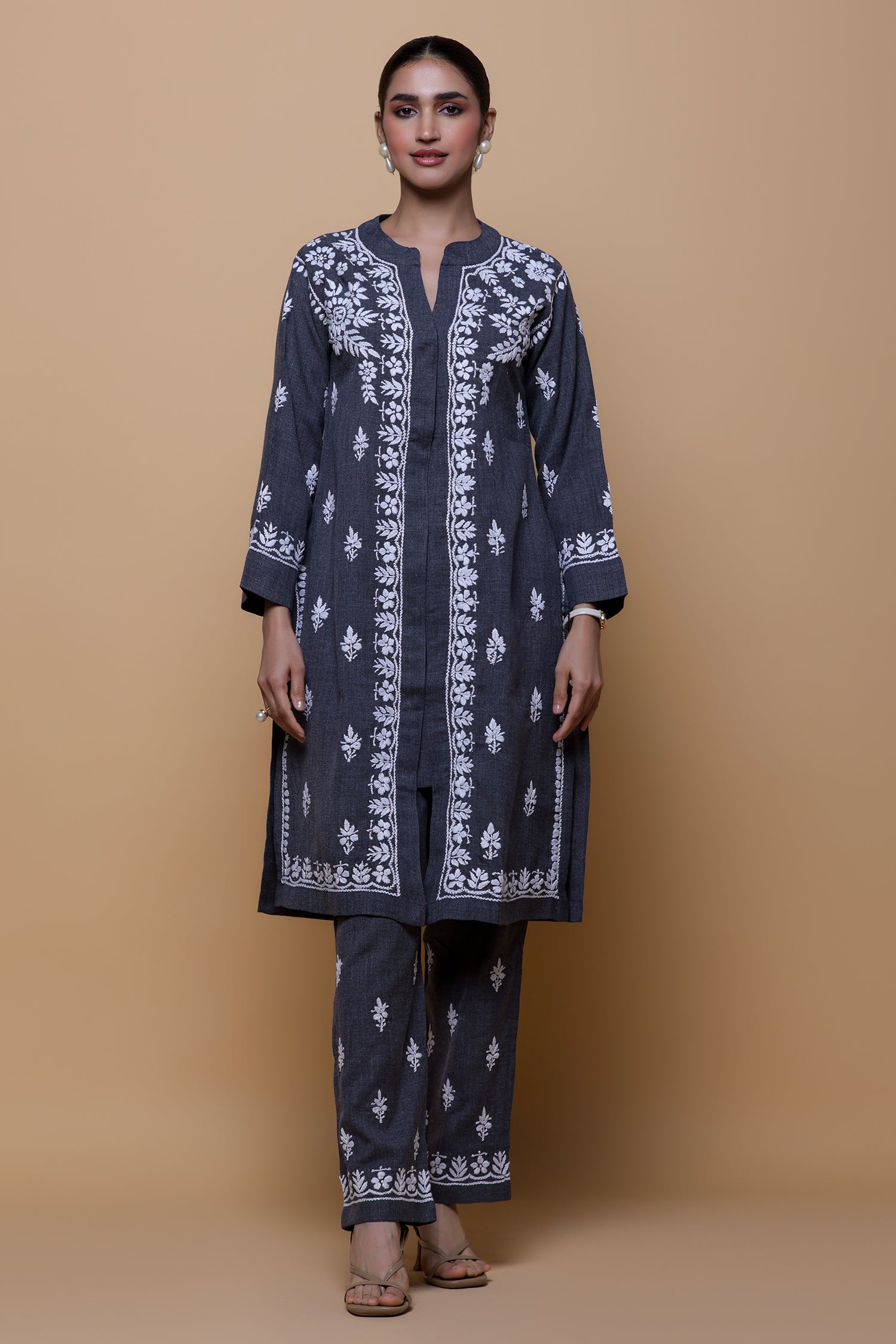 Denim Cotton Chikankari Kurta Set - Charcoal Grey