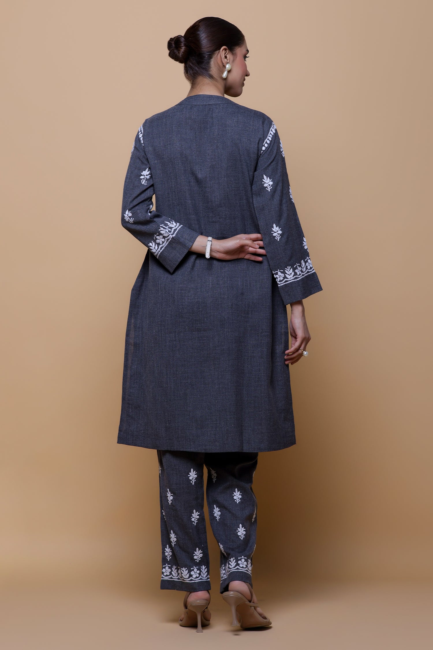 Denim Cotton Chikankari Kurta Set - Charcoal Grey