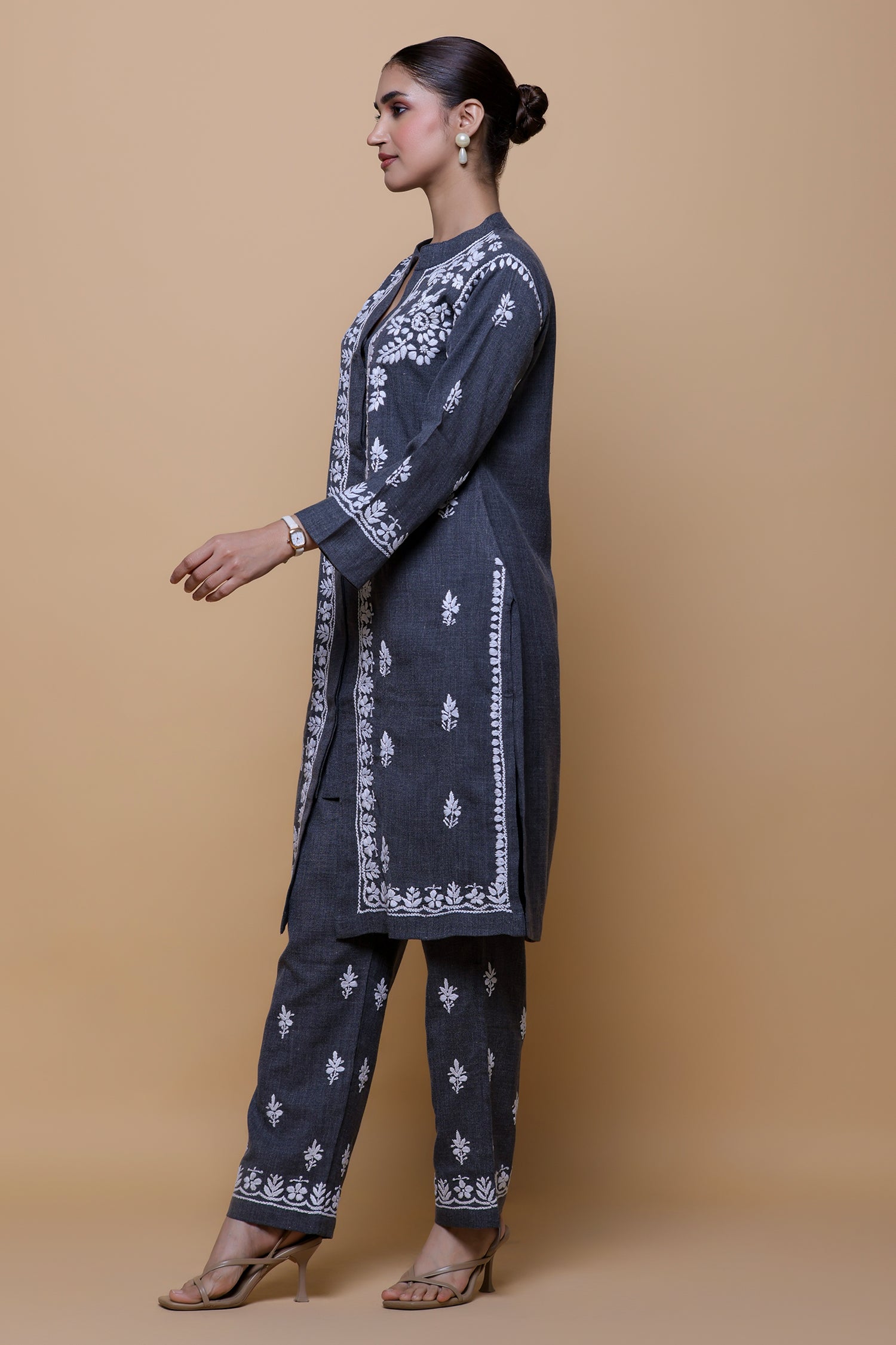 Denim Cotton Chikankari Kurta Set - Charcoal Grey