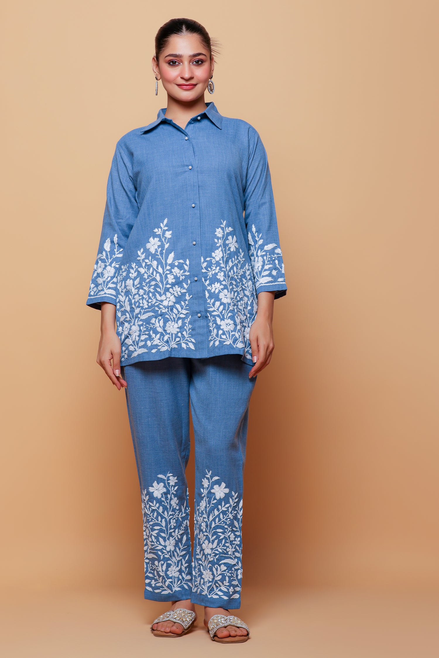 Denim Cotton Chikankari Kurta Set - Denim Blue