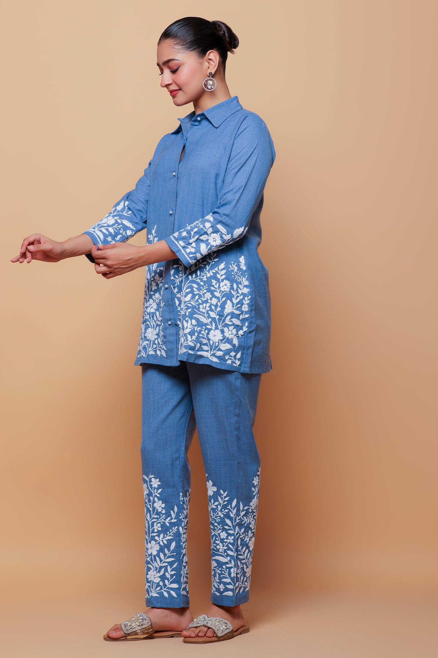 Denim Cotton Chikankari Kurta Set - Denim Blue