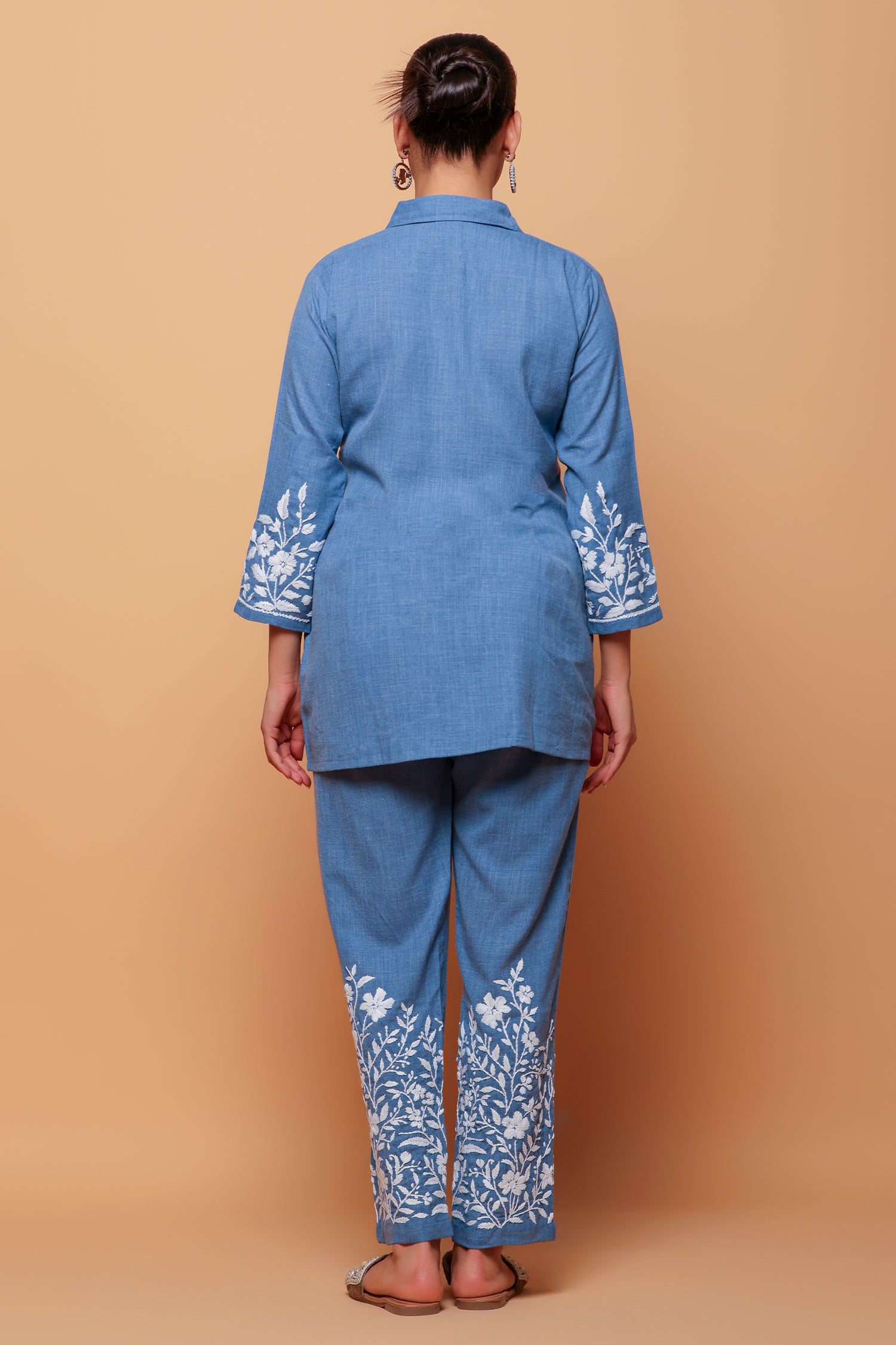 Denim Cotton Chikankari Kurta Set - Denim Blue