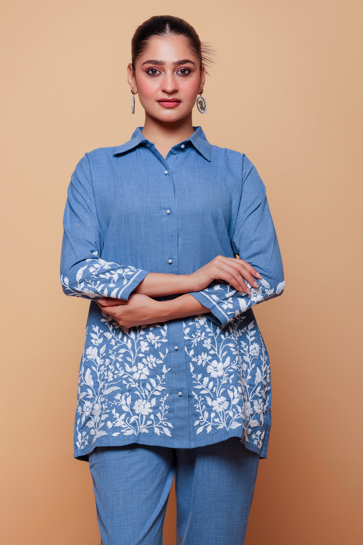 Denim Cotton Chikankari Kurta Set - Denim Blue