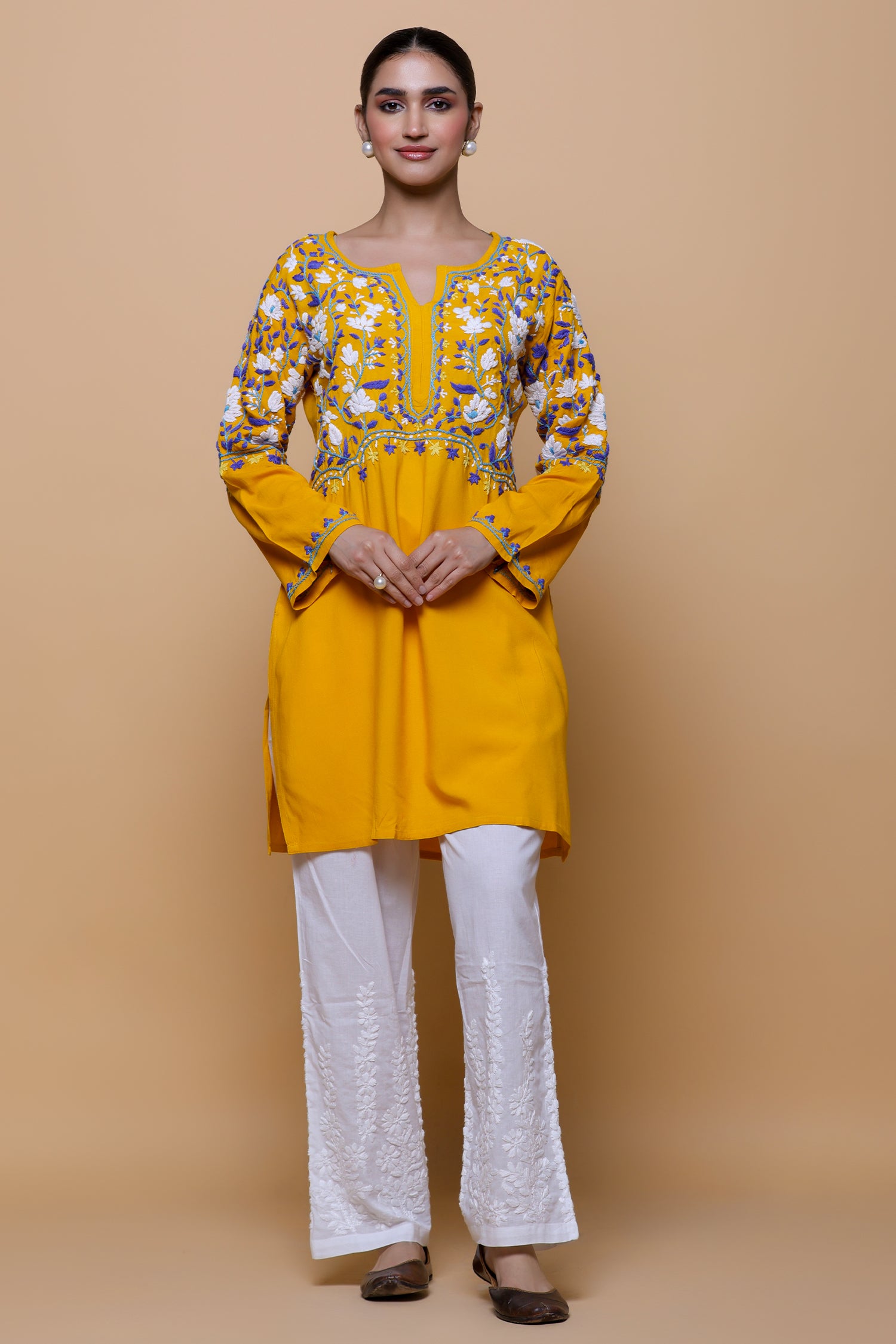 Rayon Chikankari Short Kurta - Mustard