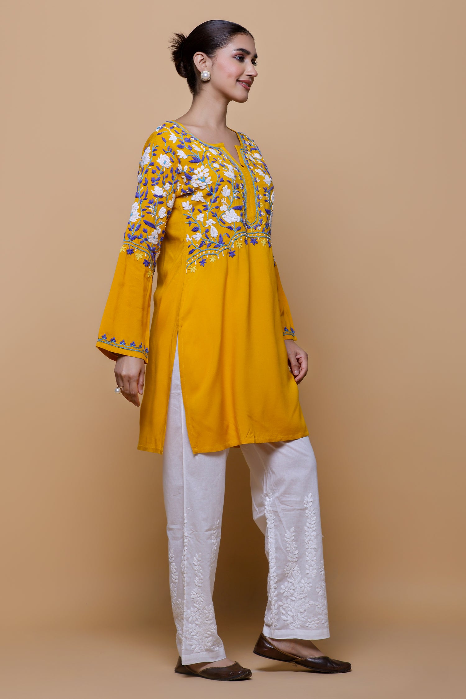 Rayon Chikankari Short Kurta - Mustard