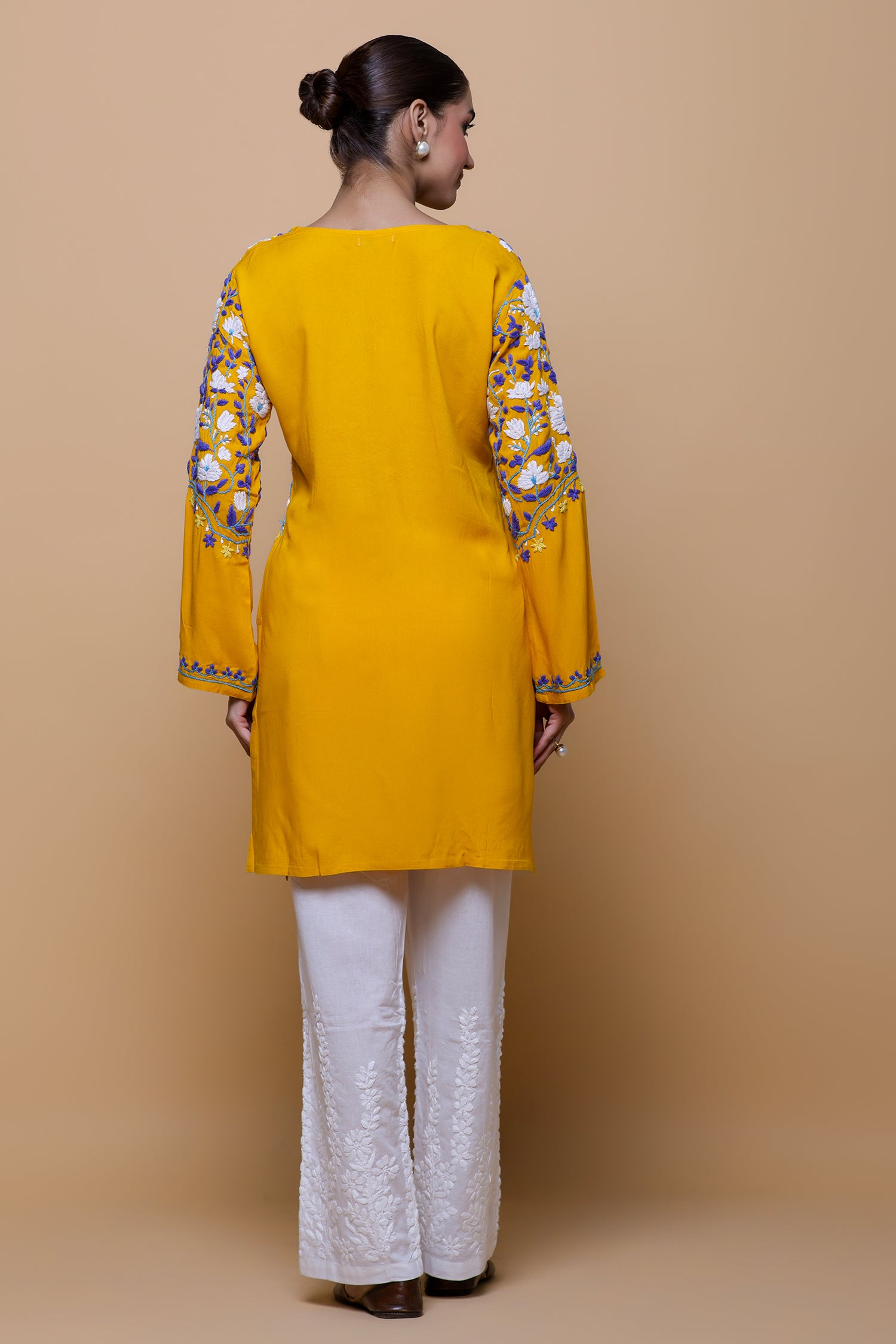 Rayon Chikankari Short Kurta - Mustard