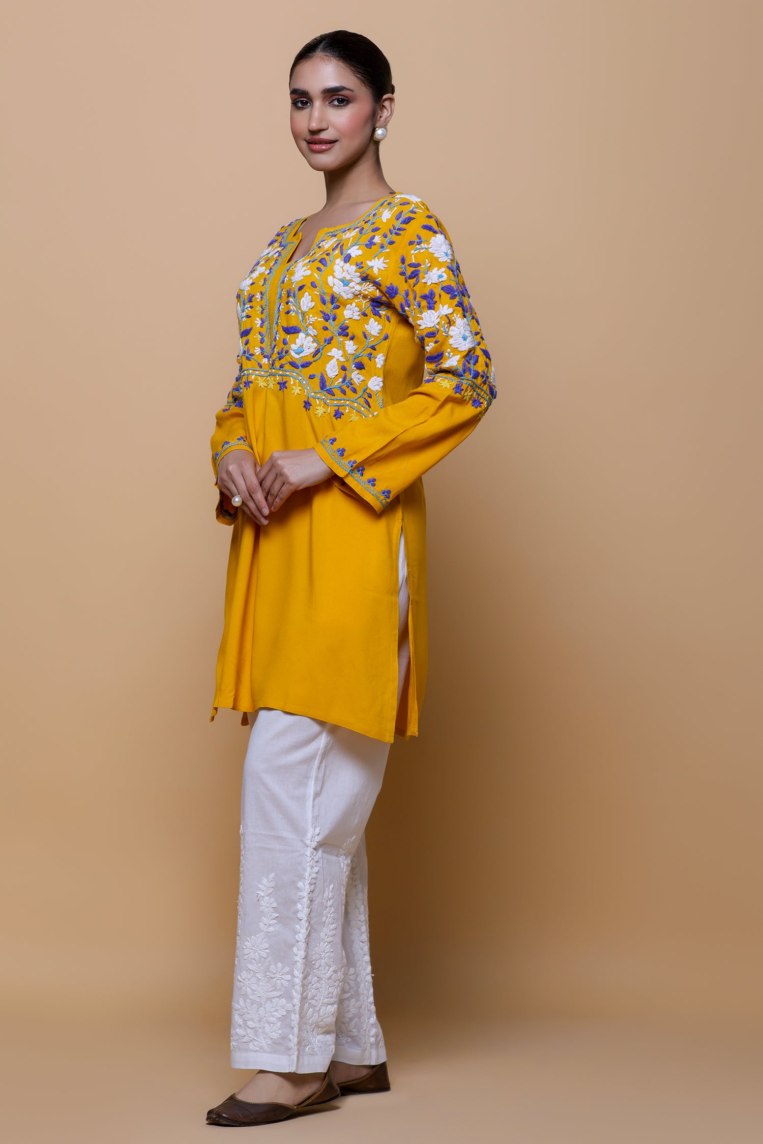 Rayon Chikankari Short Kurta - Mustard
