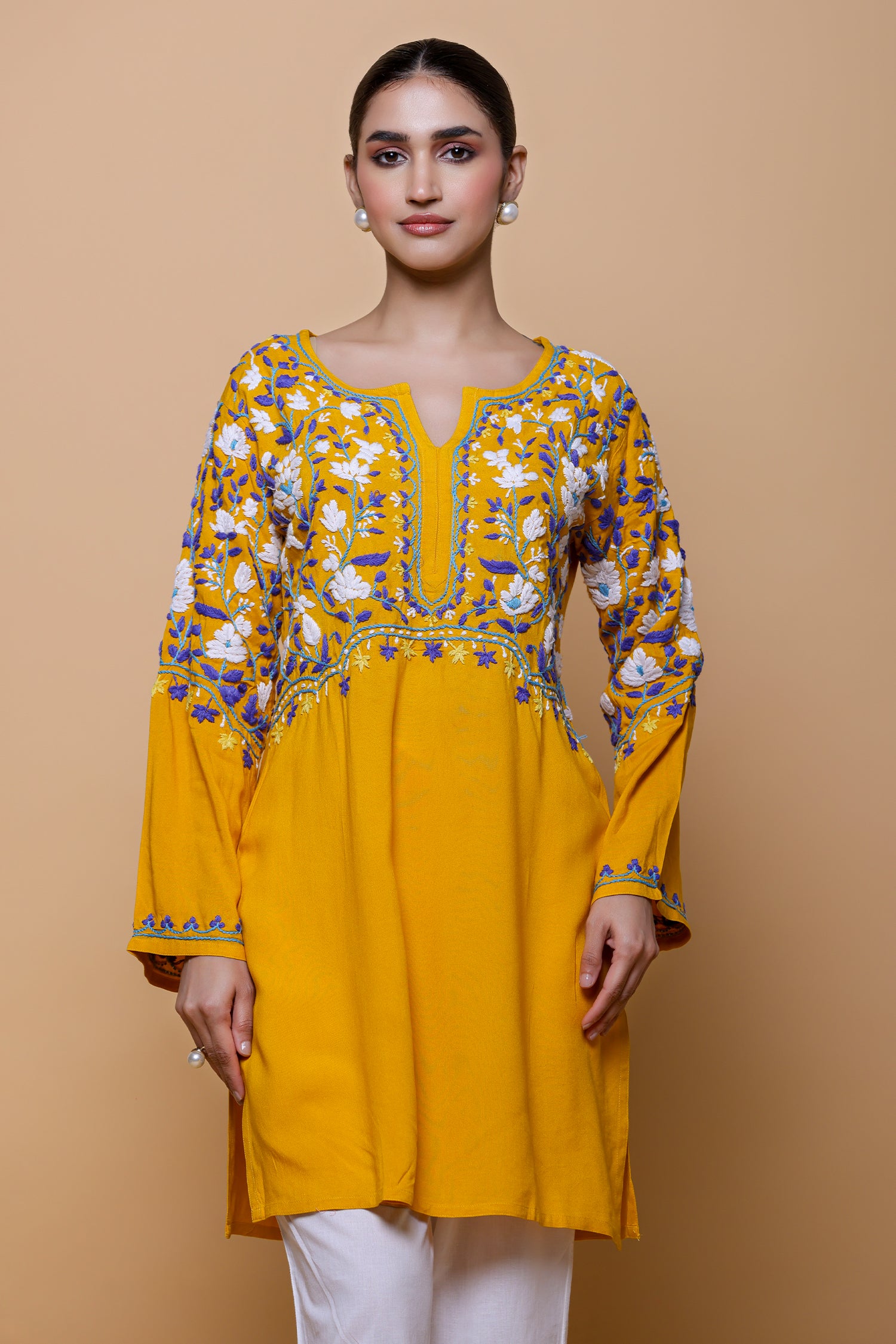 Rayon Chikankari Short Kurta - Mustard