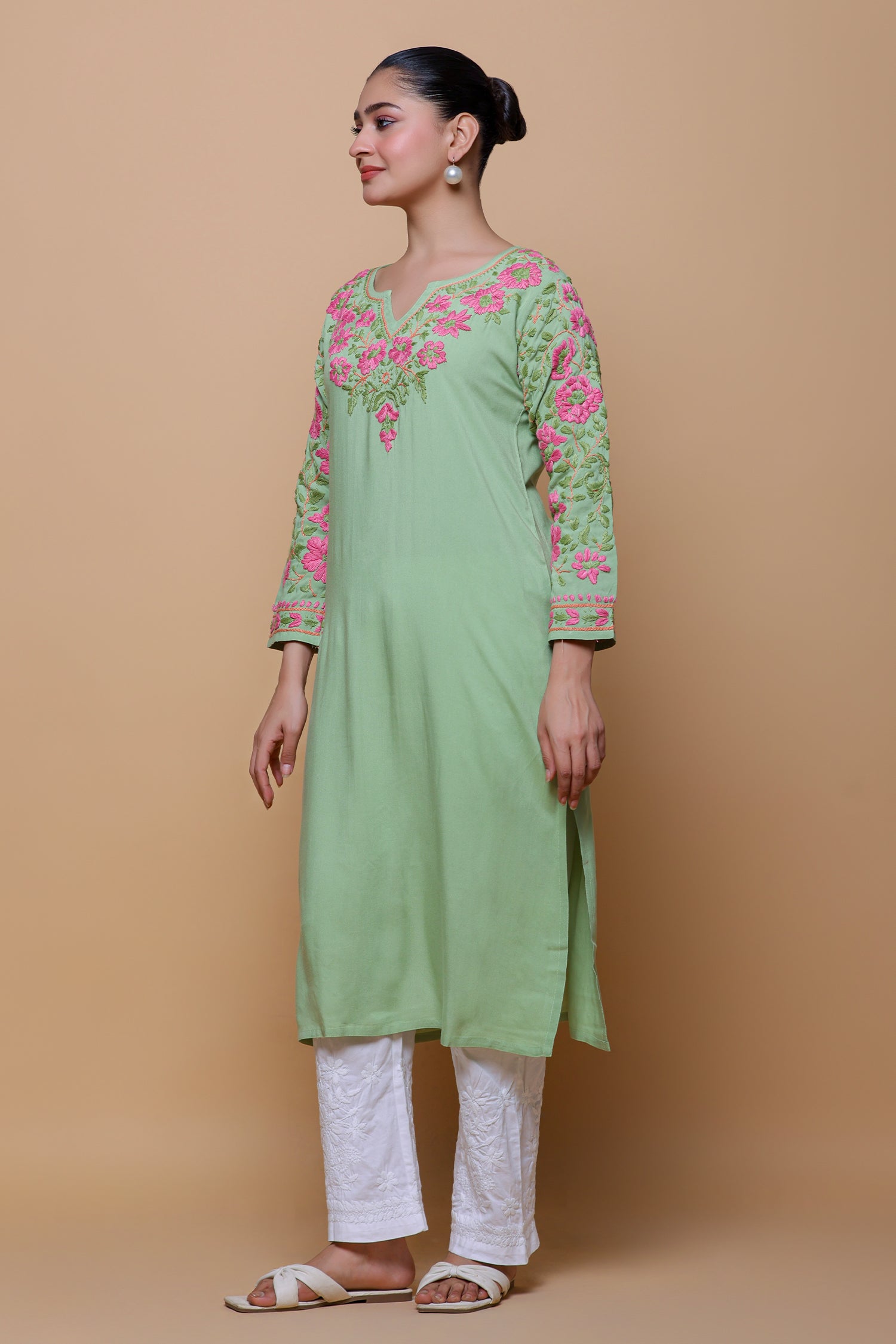 Rayon Chikankari Long Kurta – Pista Green