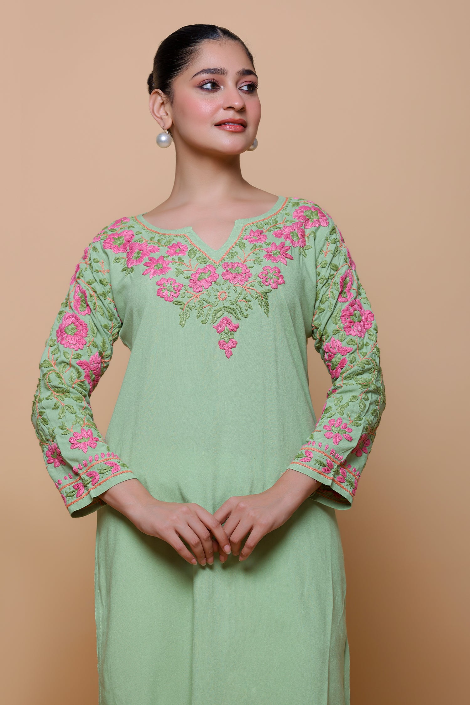 Rayon Chikankari Long Kurta – Pista Green