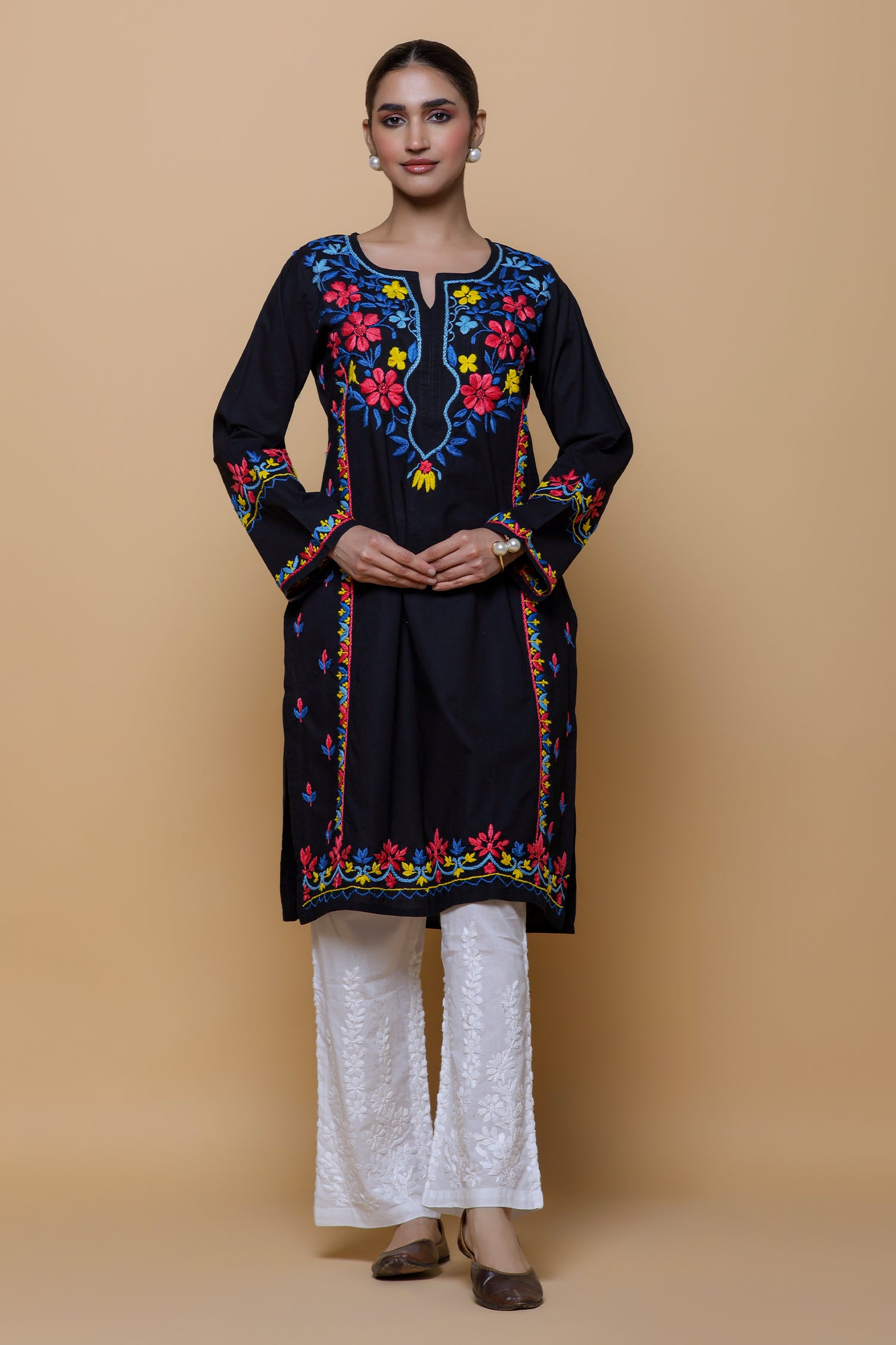 Cotton Chikankari Long Kurta - Black with Multicolour