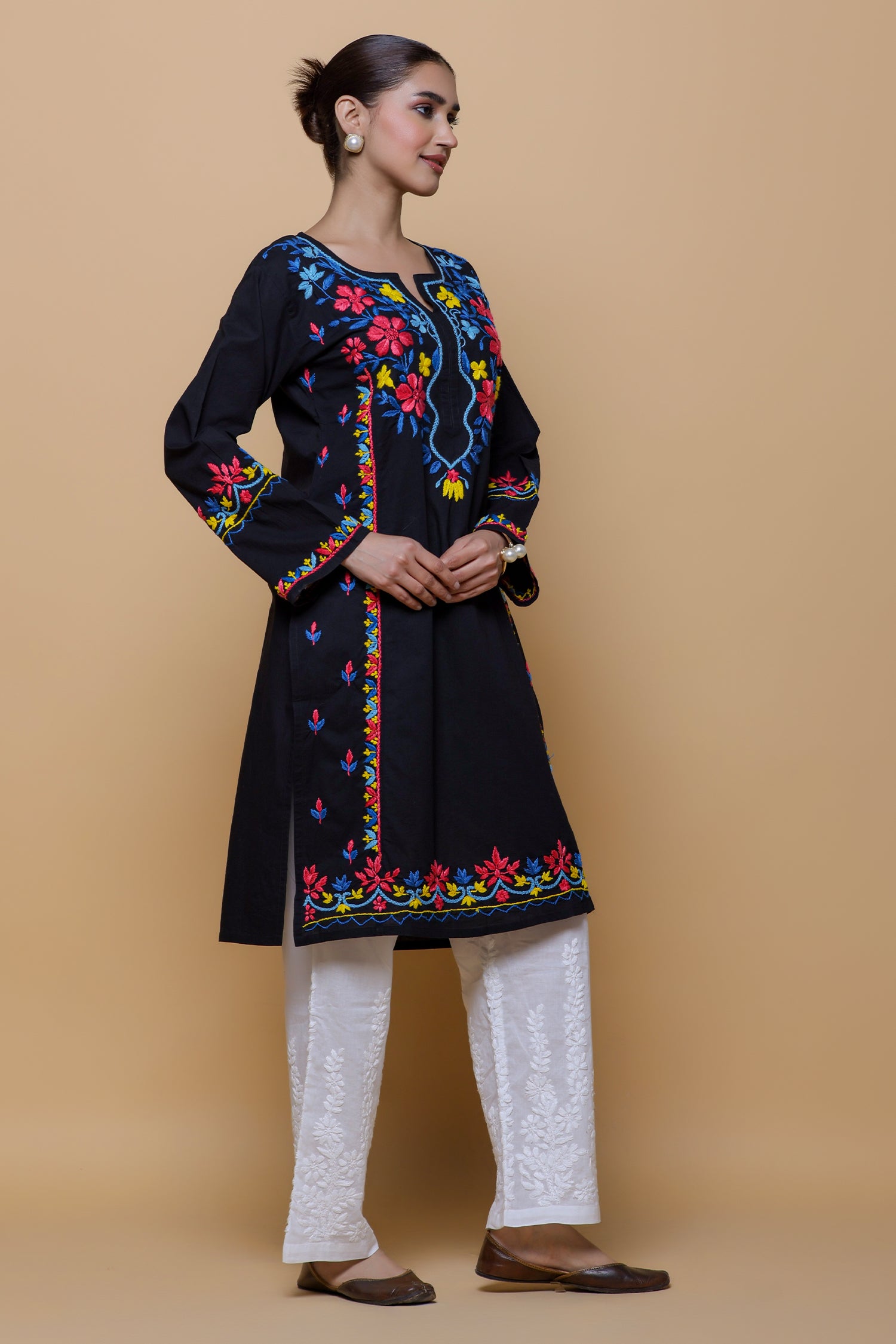 Cotton Chikankari Long Kurta - Black with Multicolour