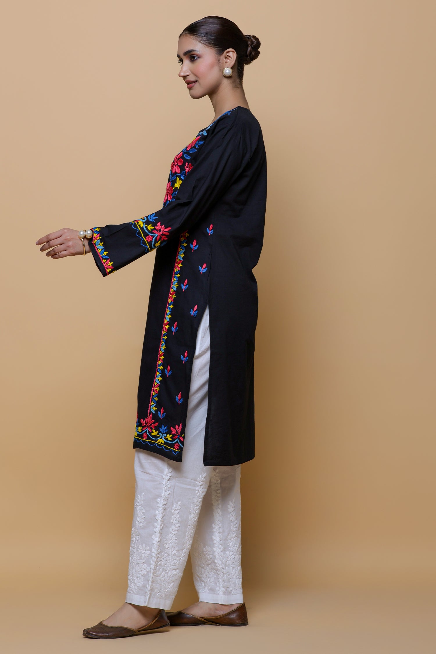 Cotton Chikankari Long Kurta - Black with Multicolour