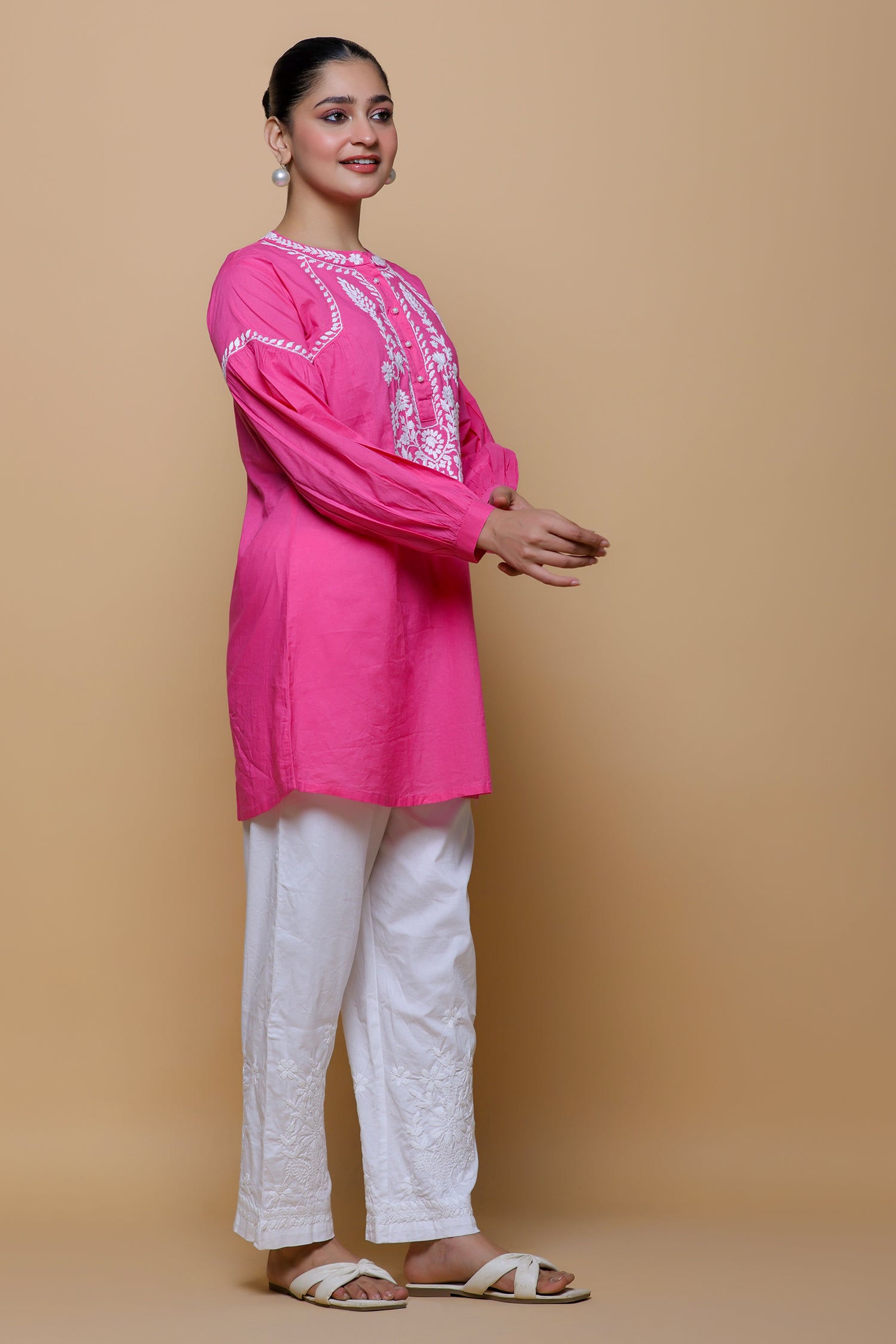 Cotton Chikankari Short Kurta - Pink
