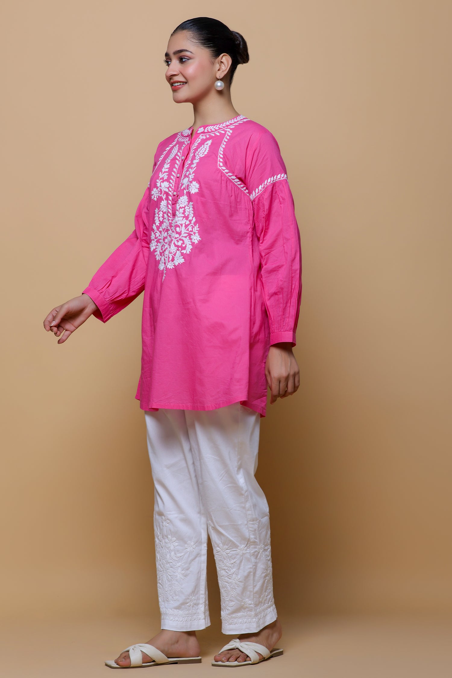 Cotton Chikankari Short Kurta - Pink