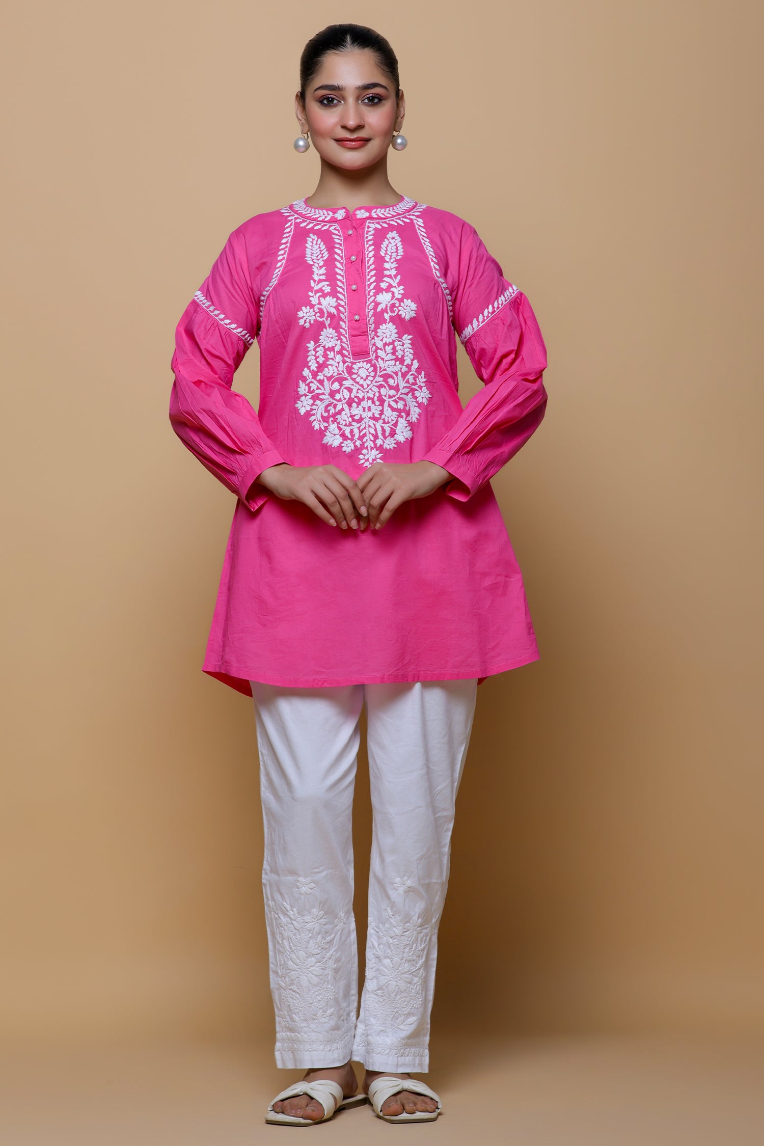 Cotton Chikankari Short Kurta - Pink