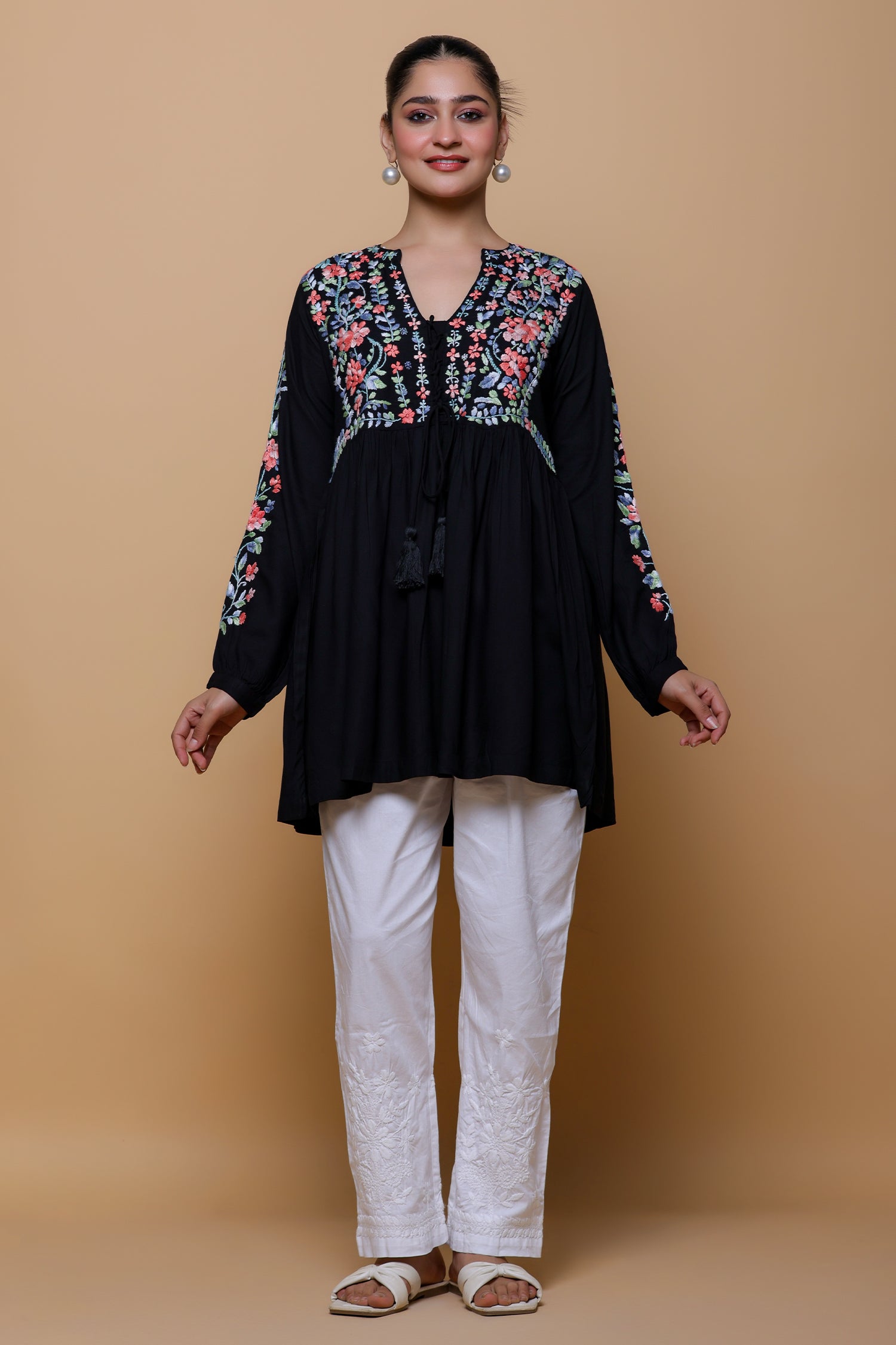 Rayon Chikankari Short Kurta - Black