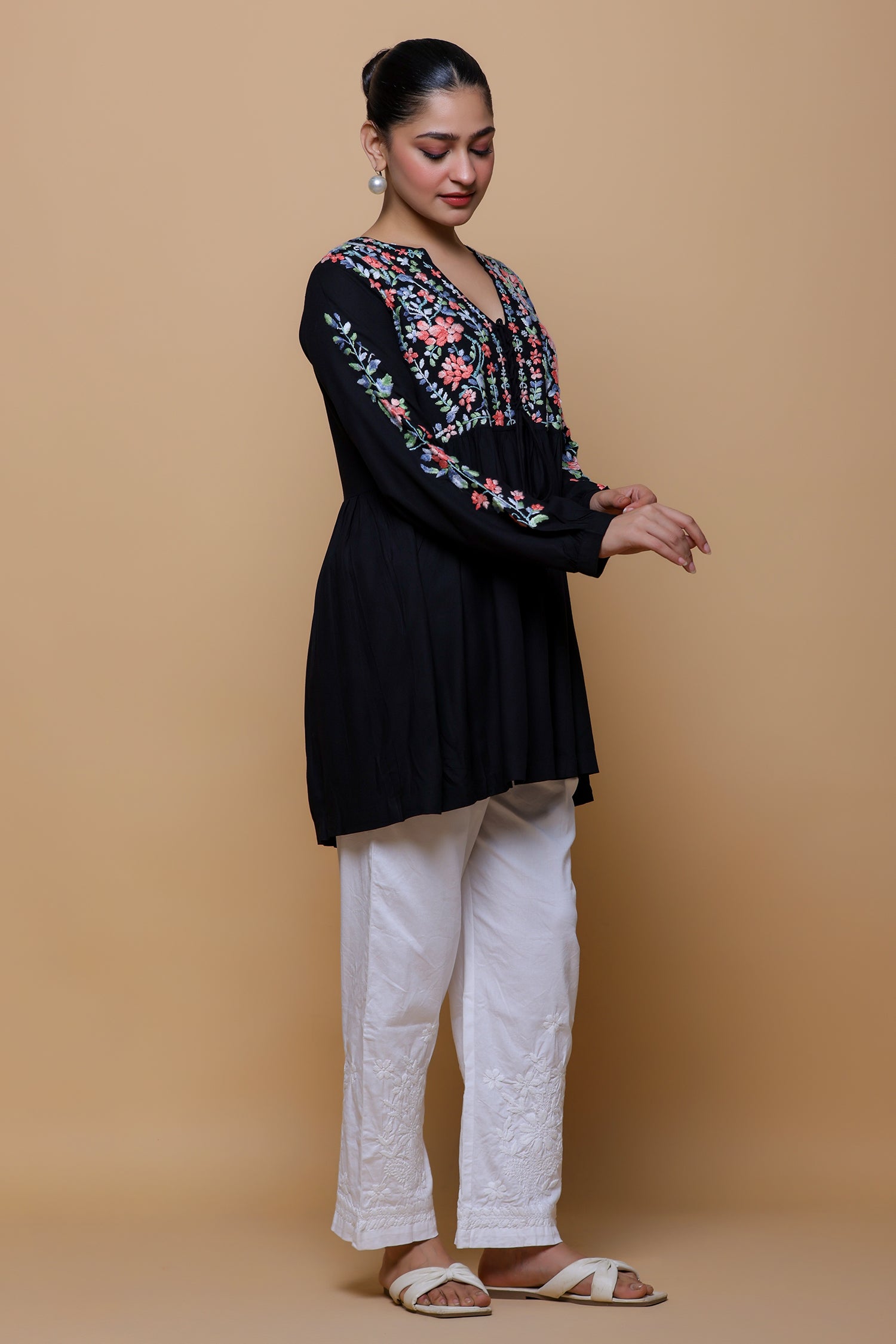 Rayon Chikankari Short Kurta - Black