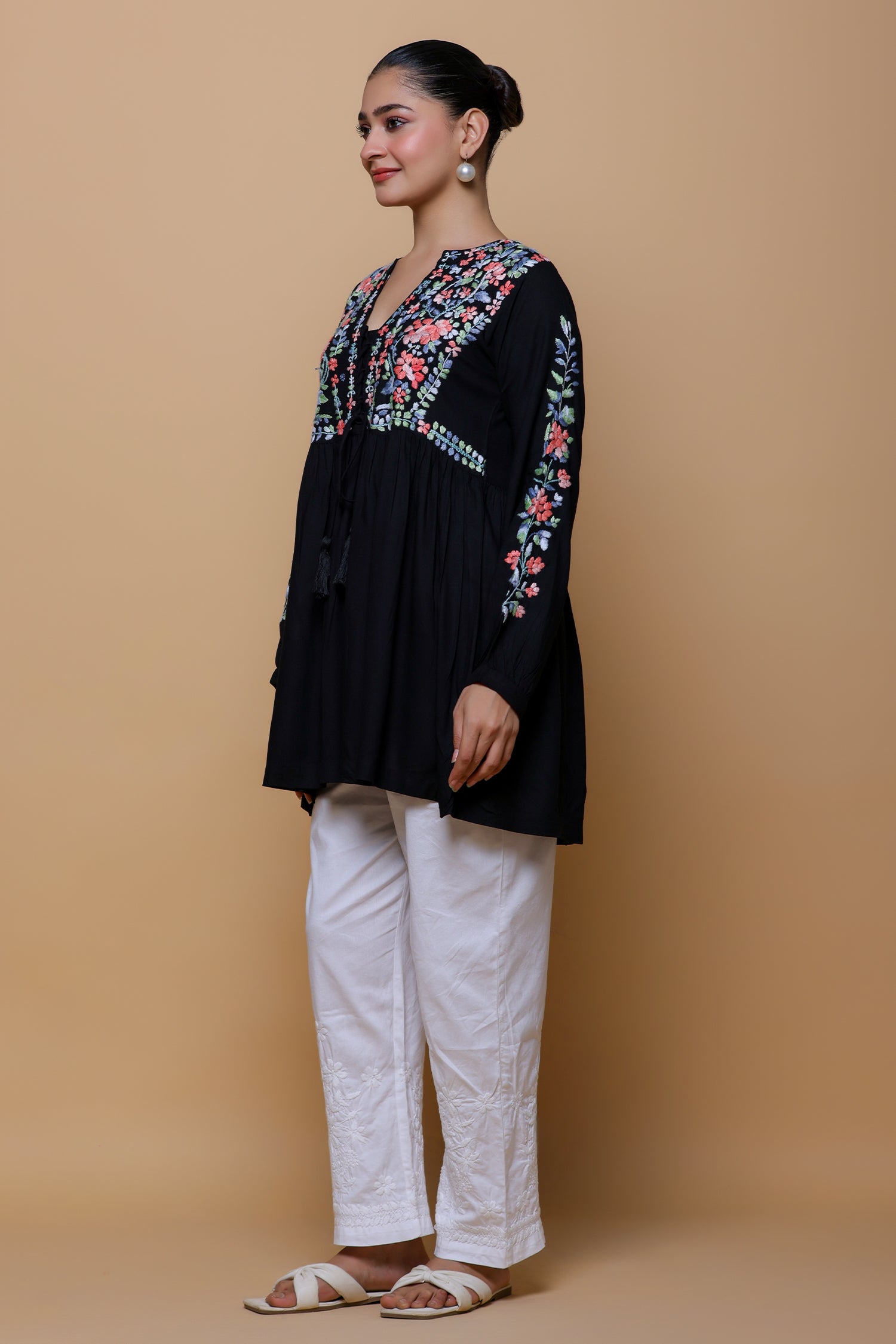 Rayon Chikankari Short Kurta - Black