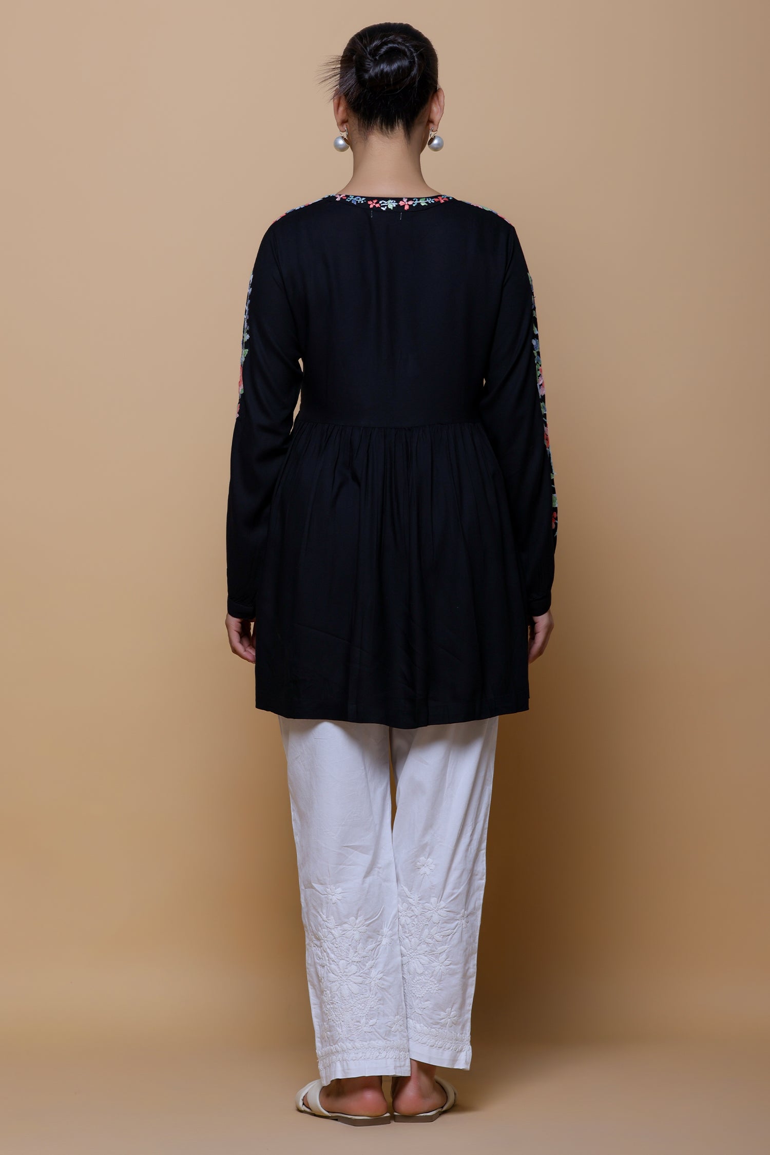 Rayon Chikankari Short Kurta - Black