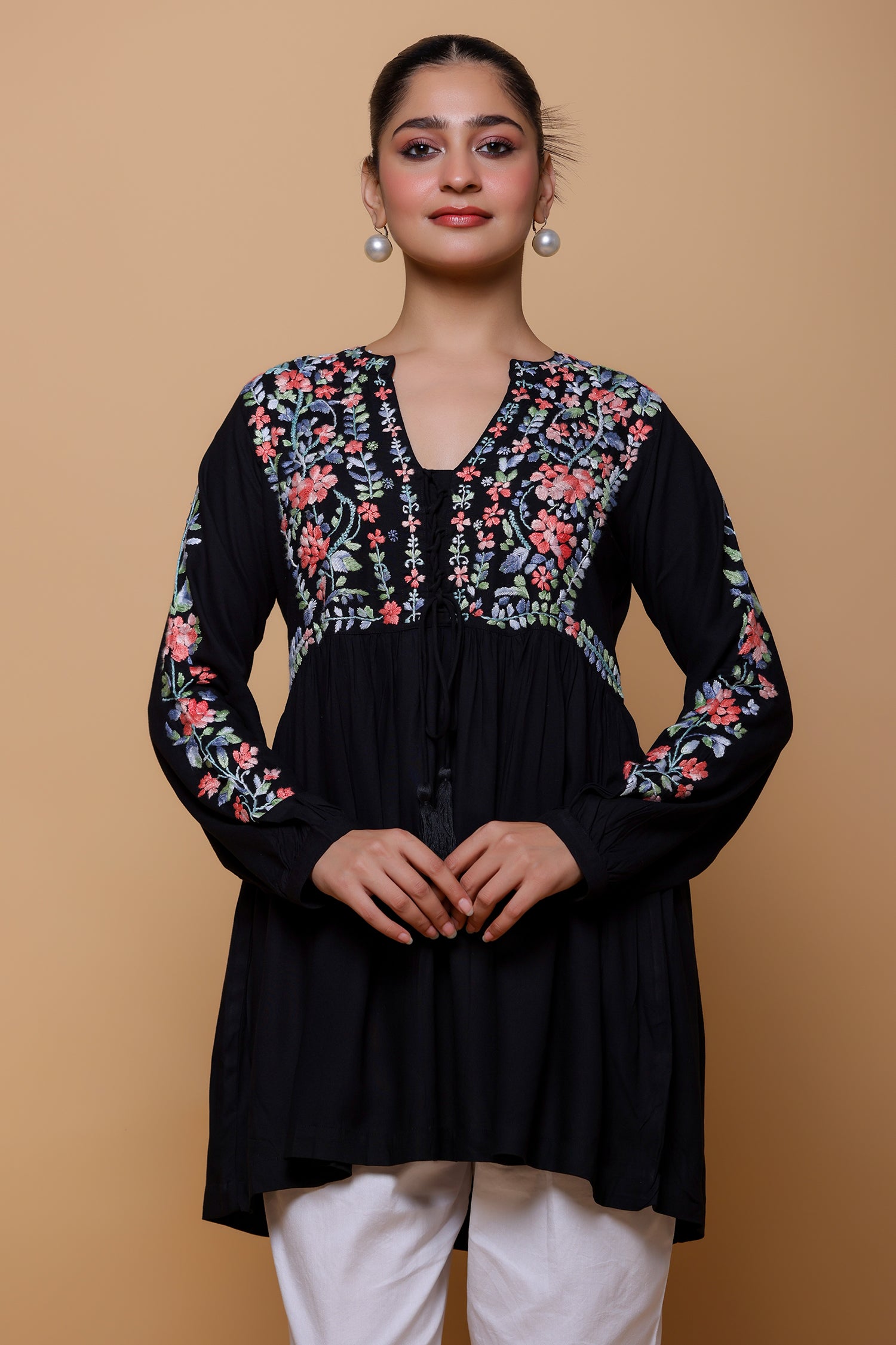 Rayon Chikankari Short Kurta - Black
