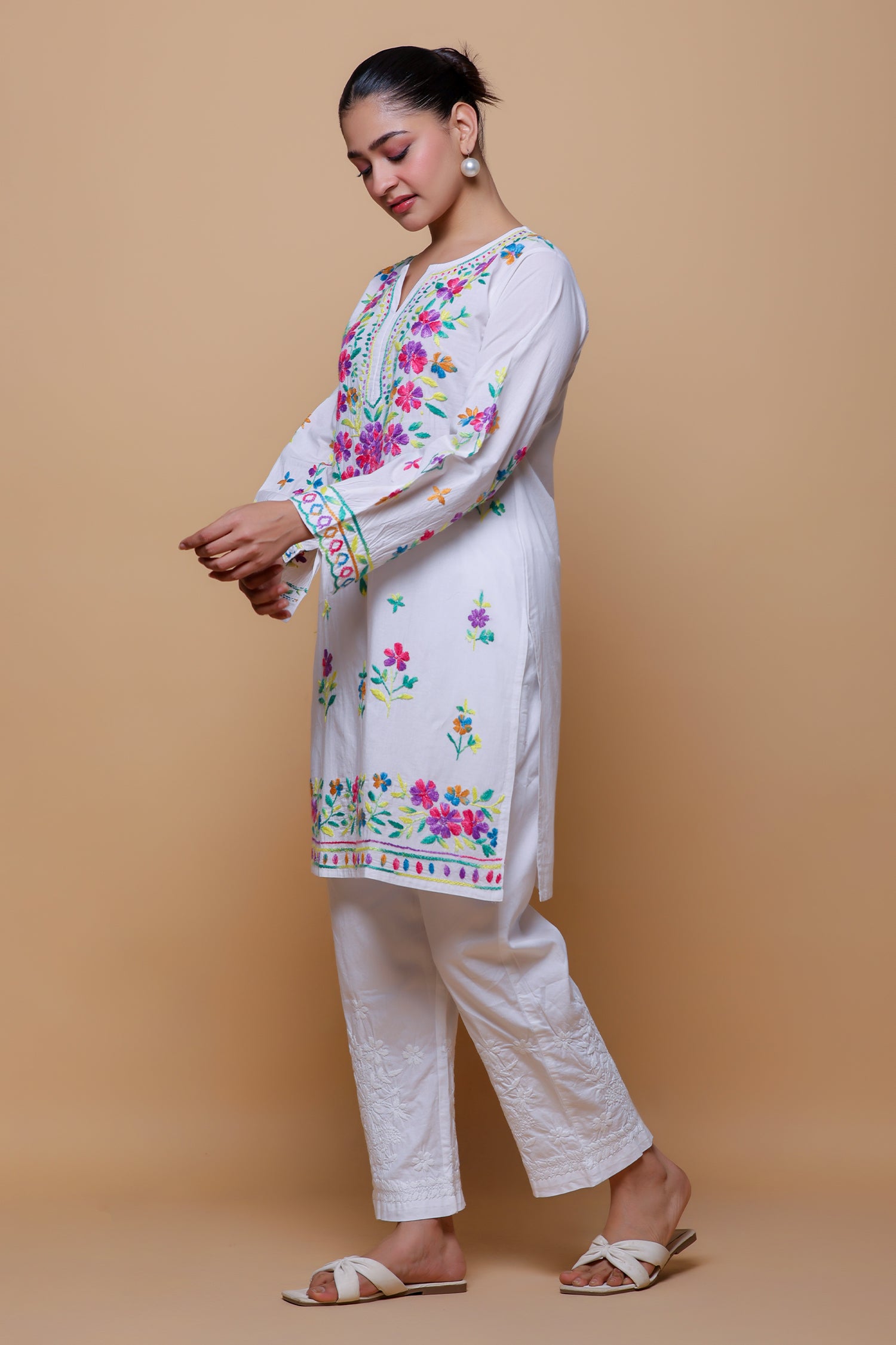 Cotton Chikankari Long Kurta - White