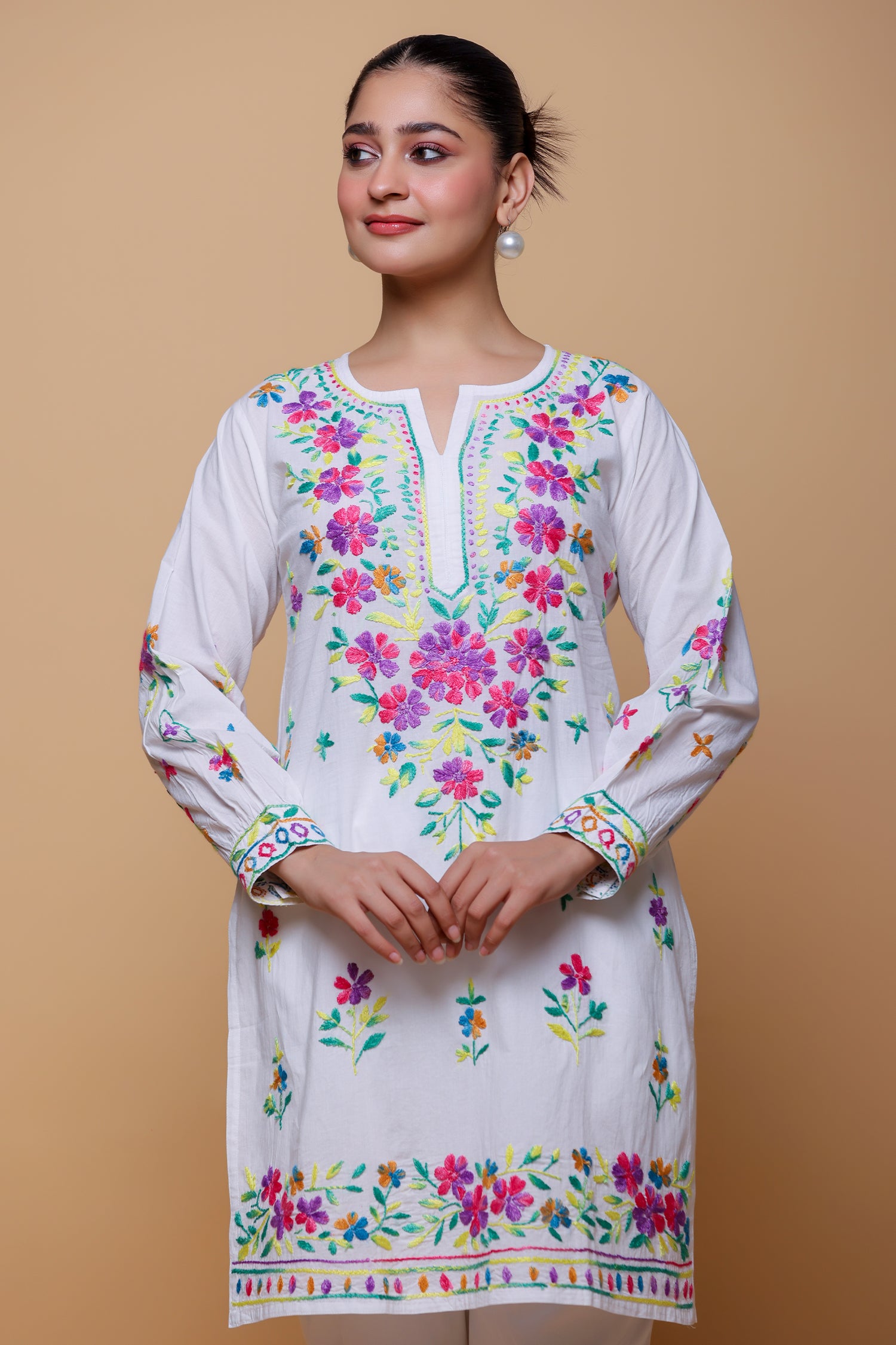 Cotton Chikankari Long Kurta - White