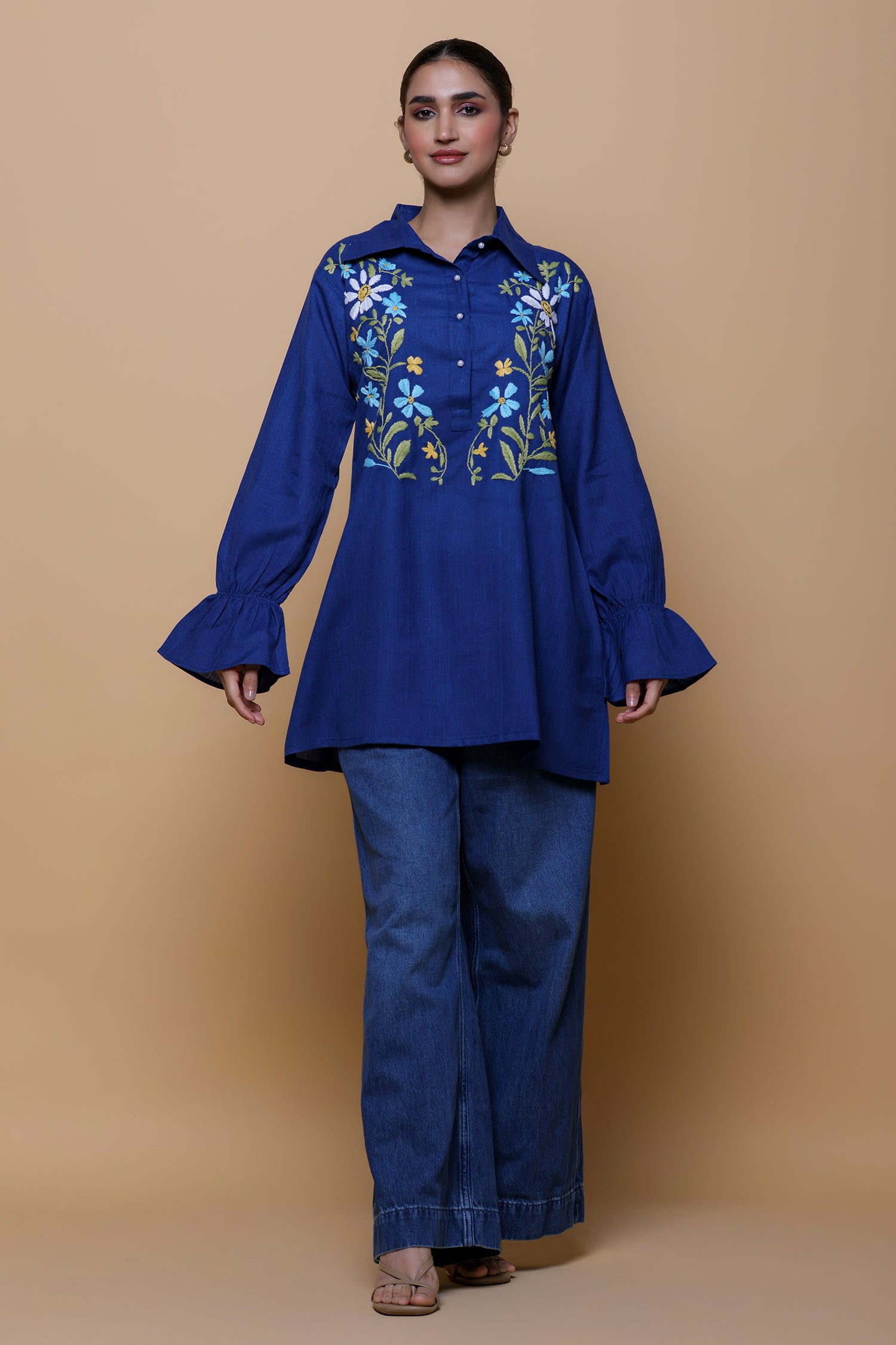Denim Cotton Chikankari Shirt Kurta