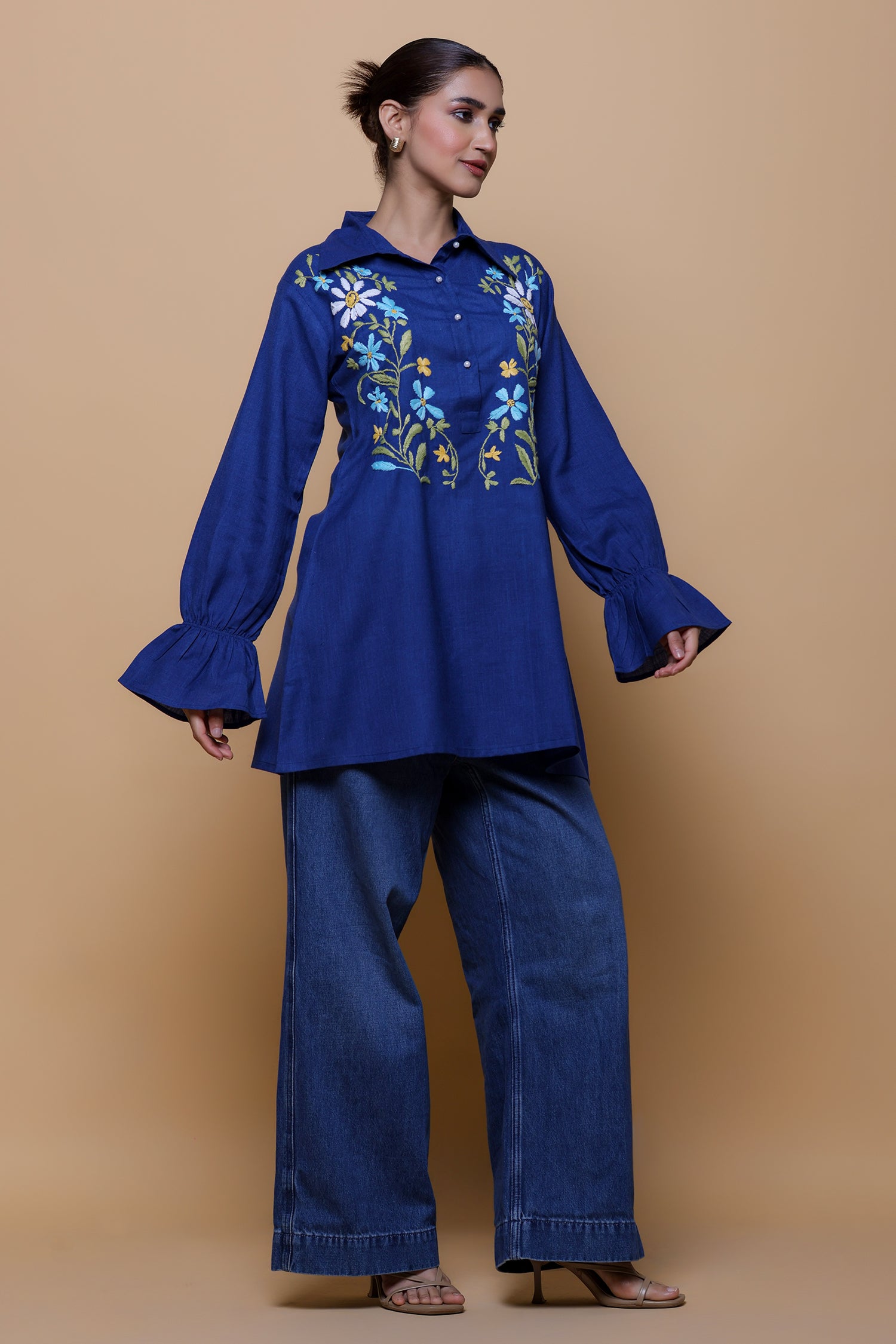 Denim Cotton Chikankari Shirt Kurta