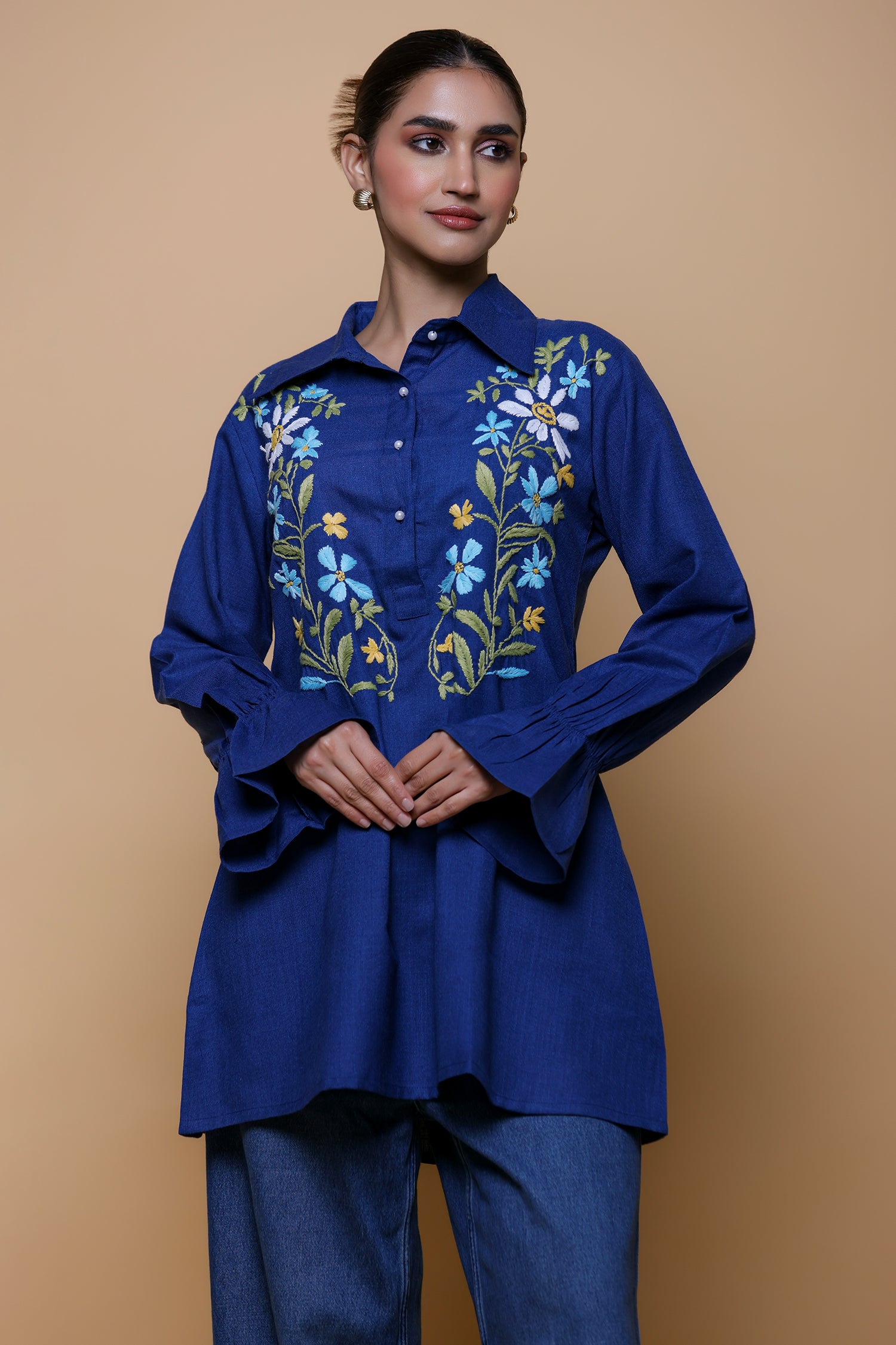 Denim Cotton Chikankari Shirt Kurta