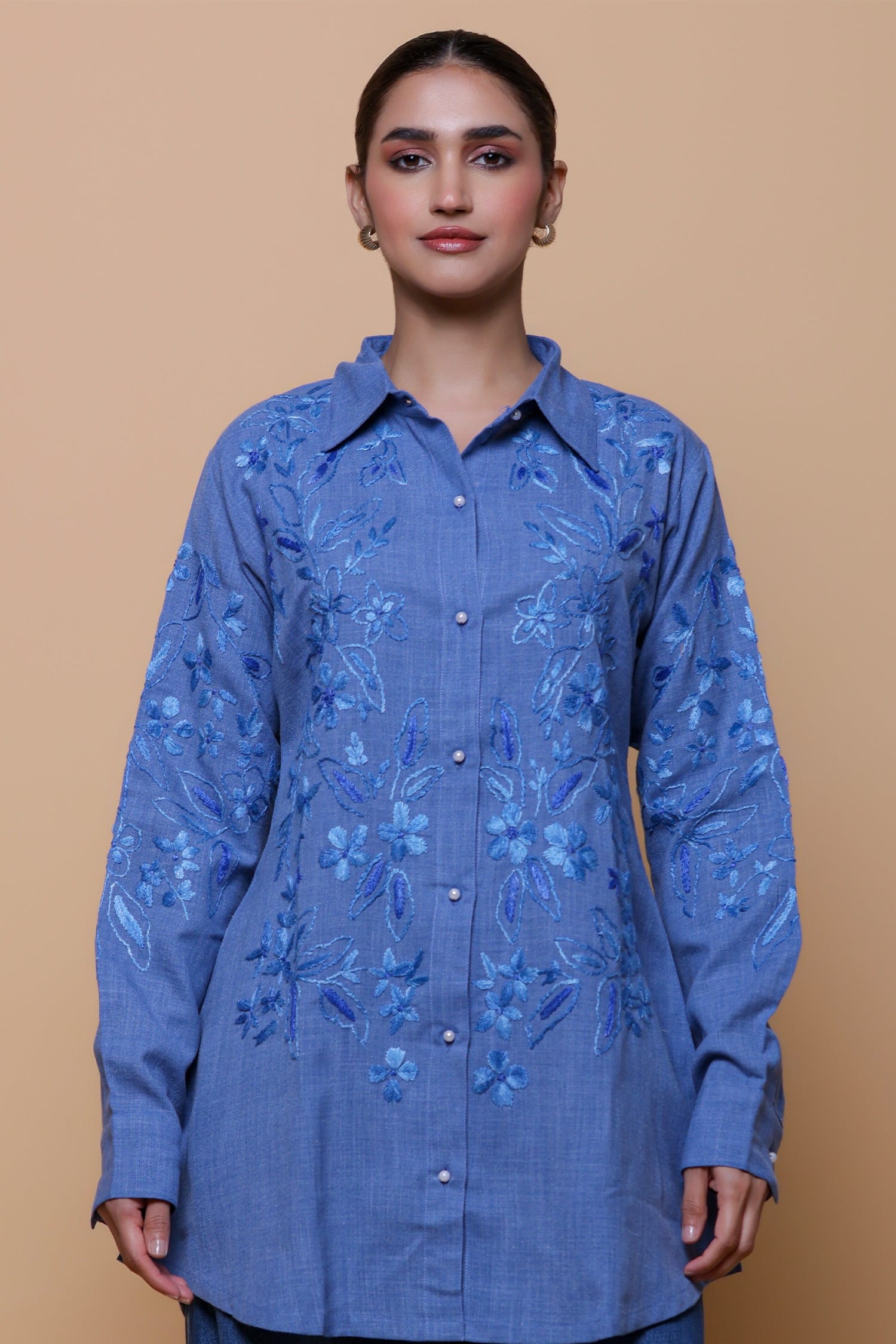 Denim Cotton Chikankari Shirt - Blue