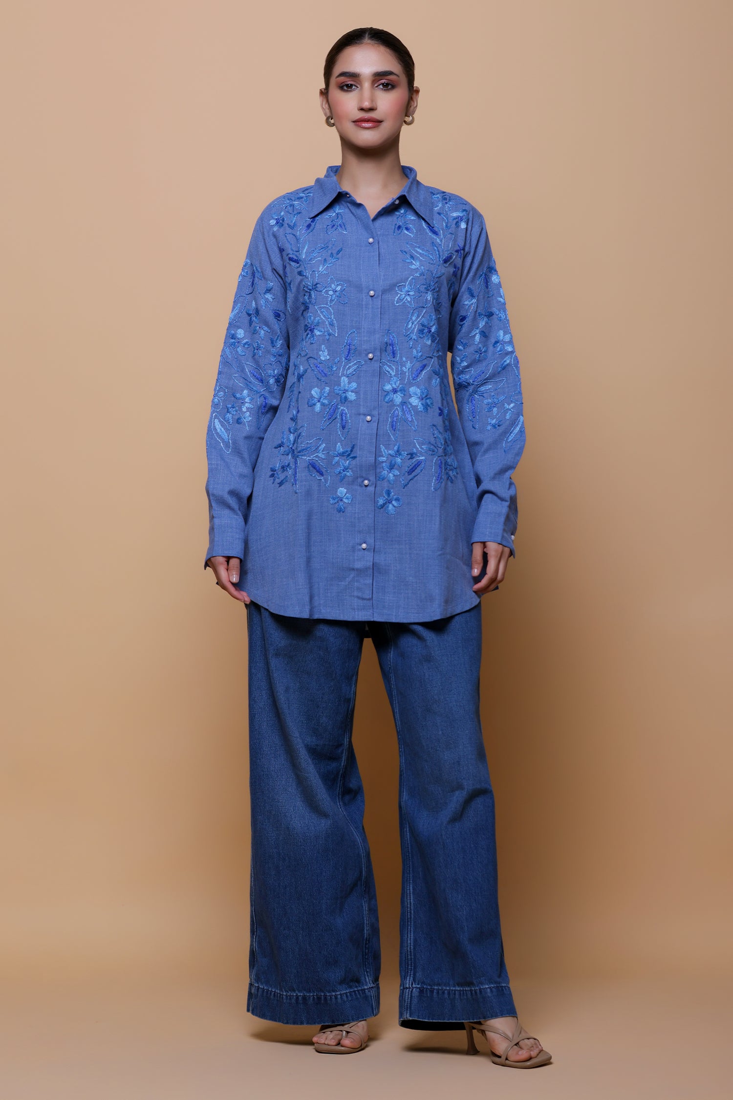 Denim Cotton Chikankari Shirt - Blue