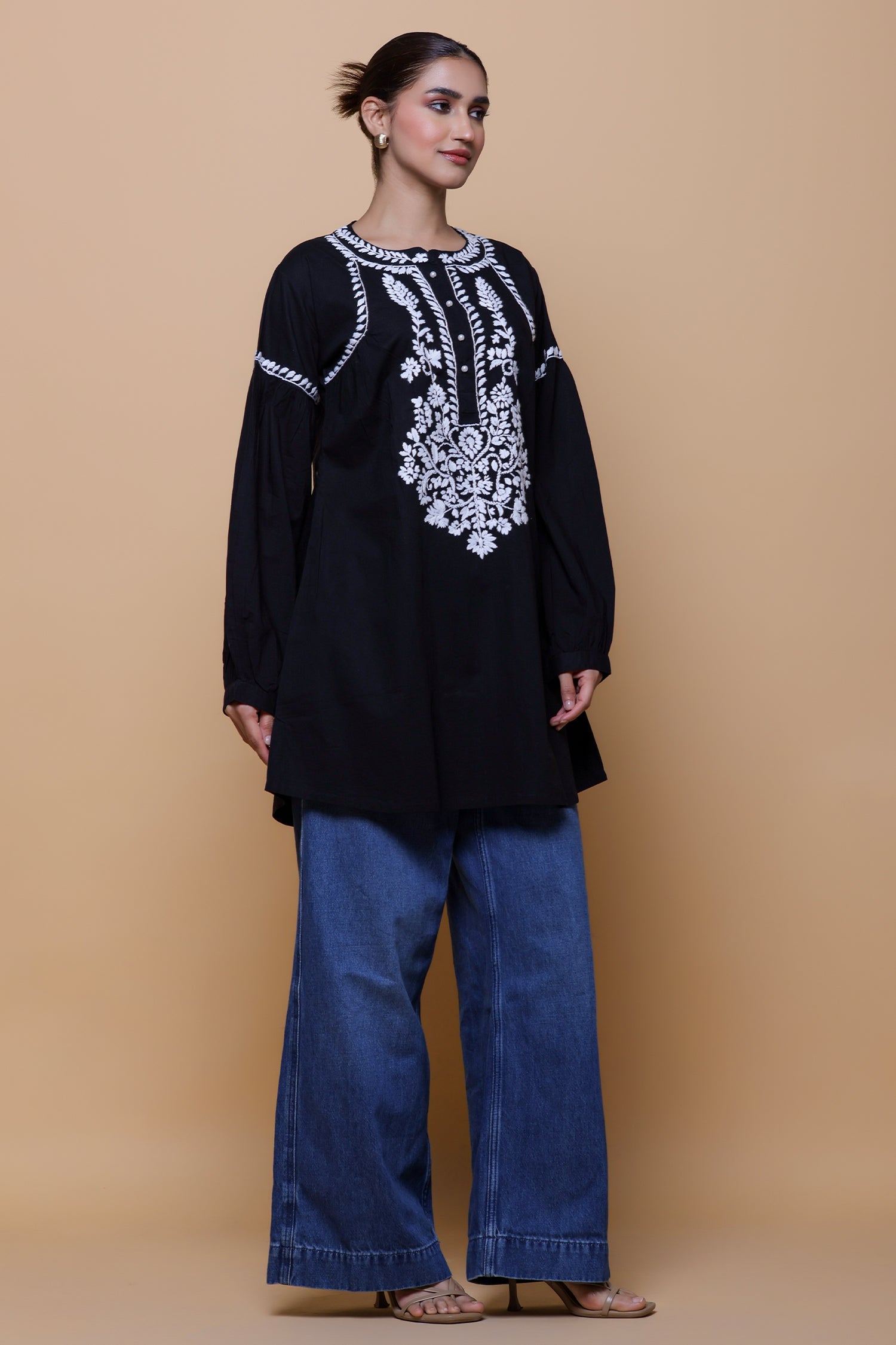 Cotton Chikankari Short Kurta - Black