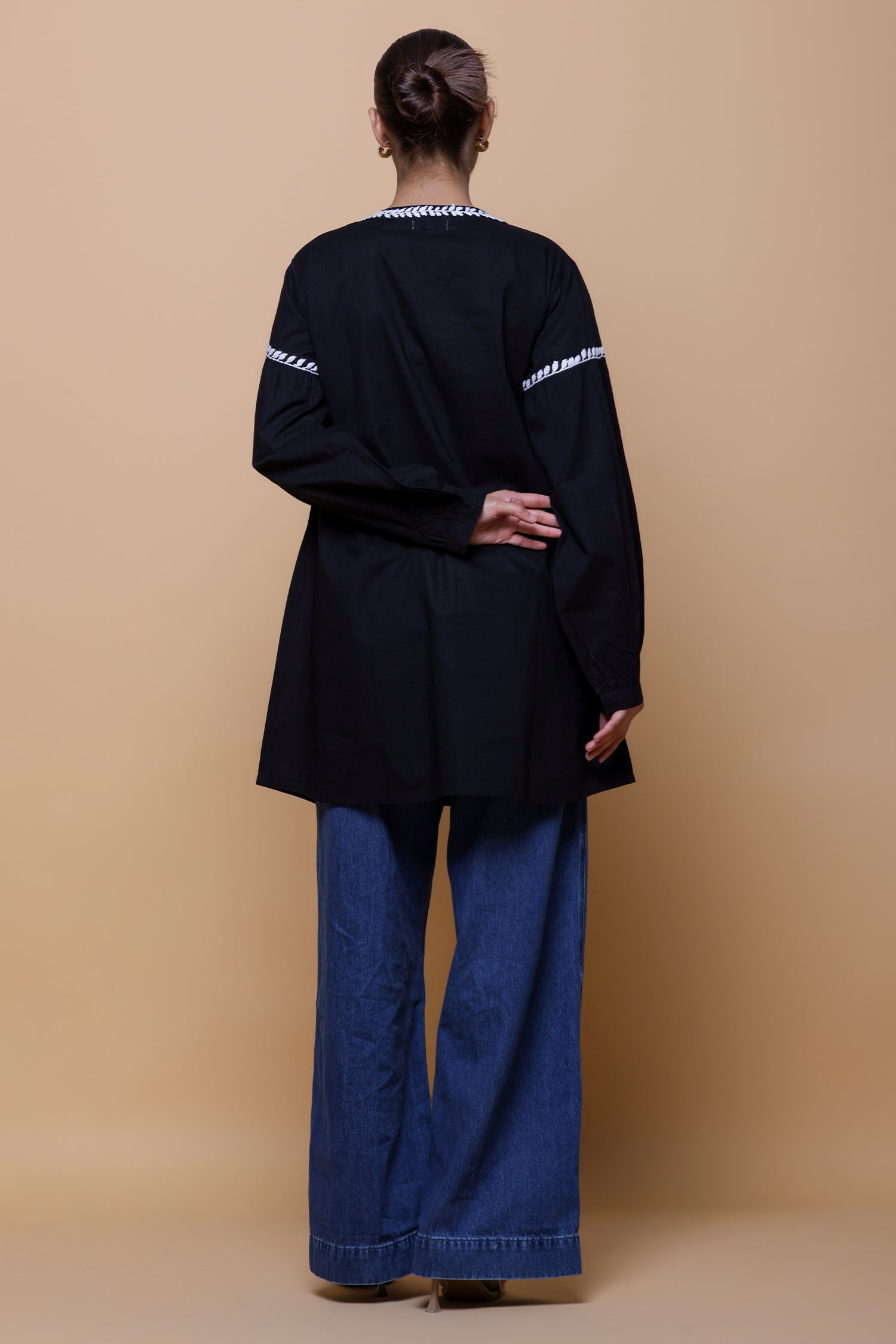 Cotton Chikankari Short Kurta - Black