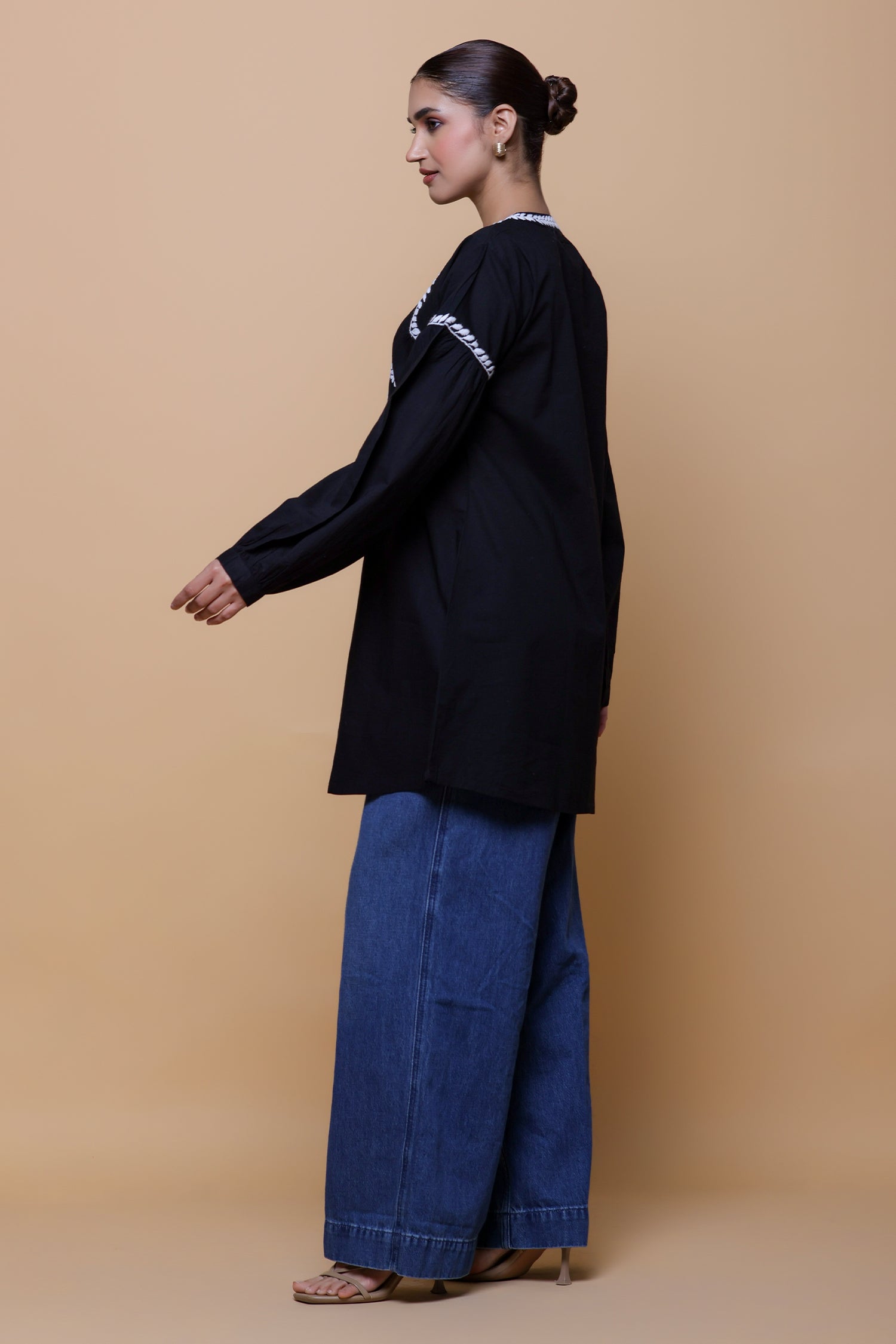Cotton Chikankari Short Kurta - Black