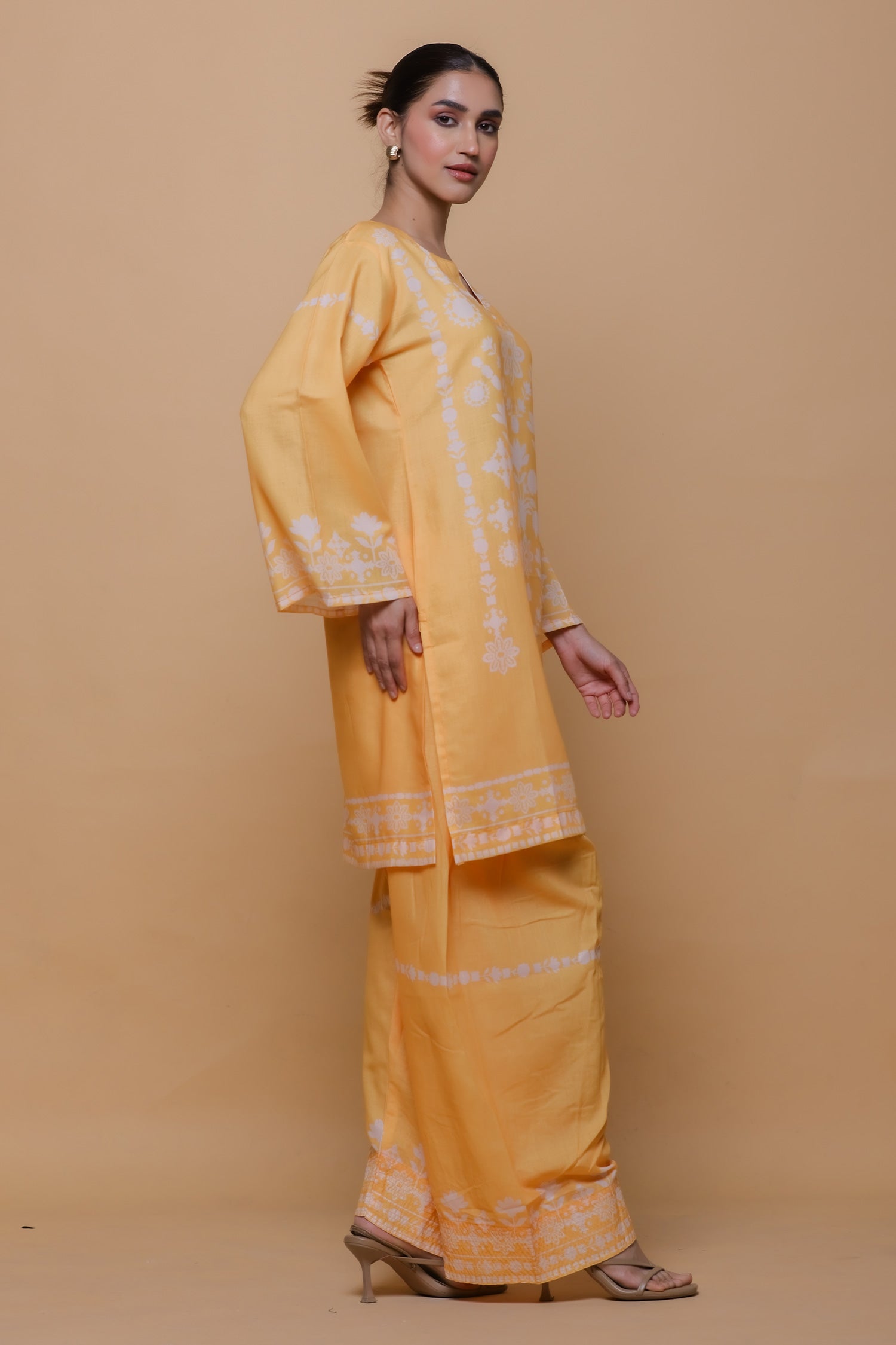 Sunshine Yellow Printed Lawn Cotton Kurta Set with Farsi Pants