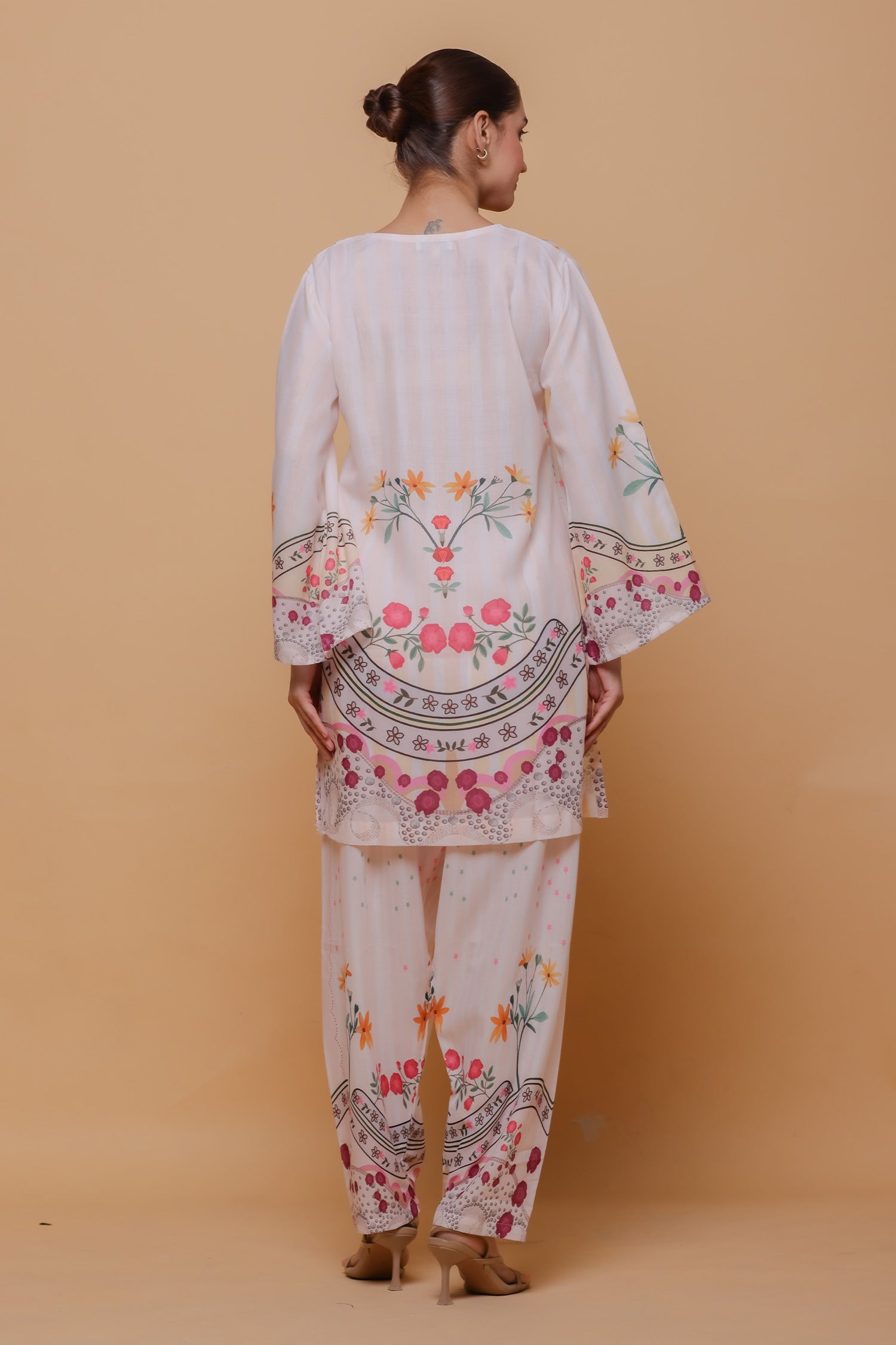 Ivory Floral Printed Lawn Cotton Kurta Set with Straight Pants