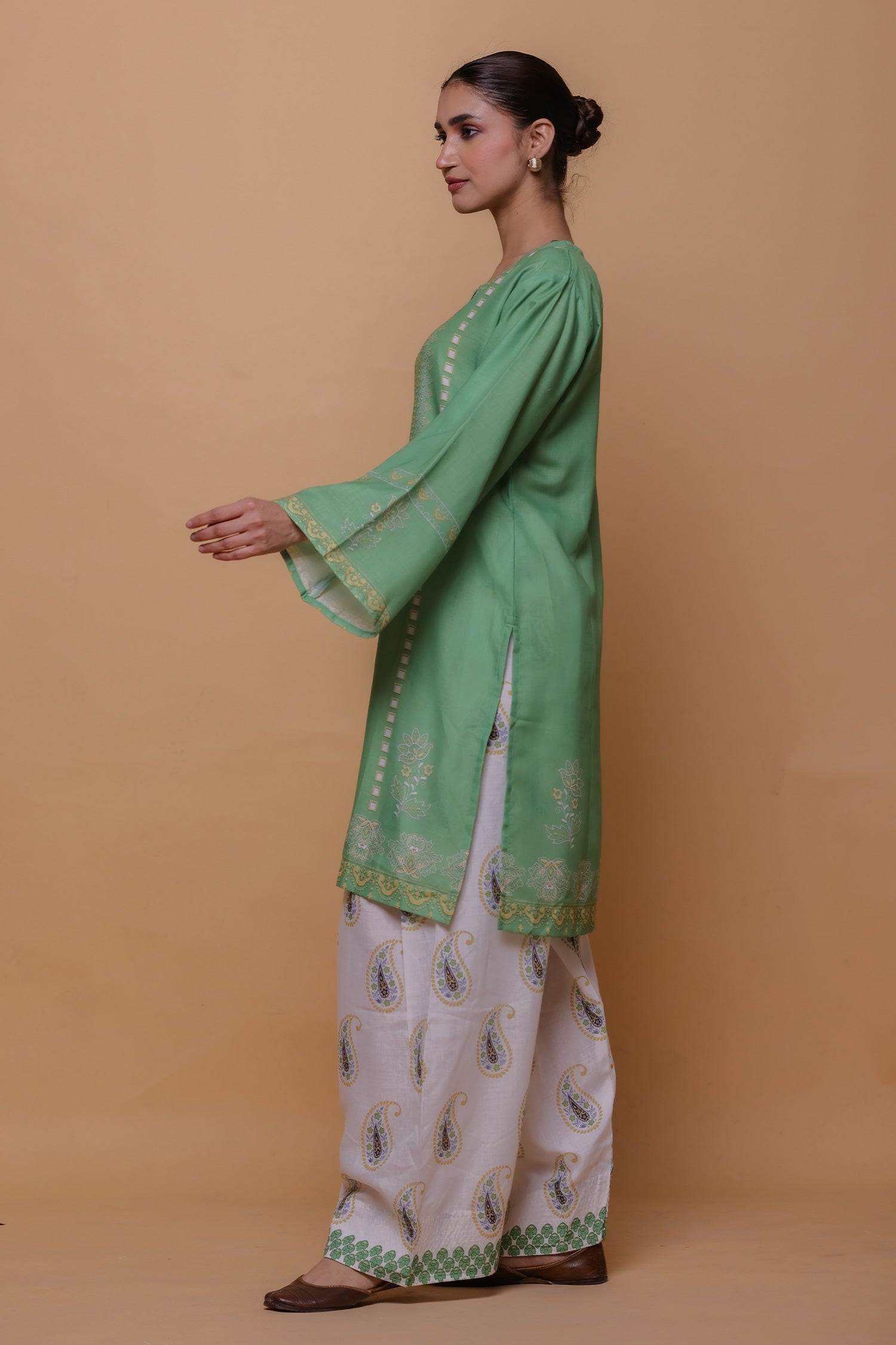 Green Printed Lawn Cotton Kurta Set with Farsi Pants