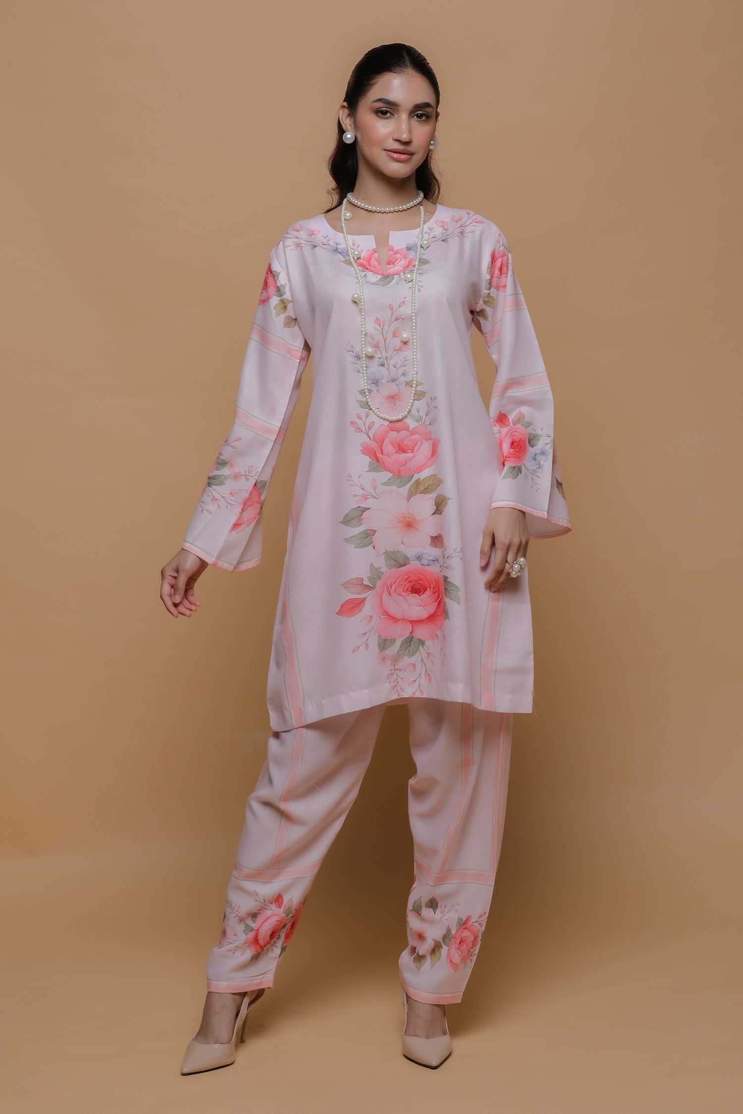 Priyanka x HOK in Blush Pink Floral Printed Lawn Cotton Kurta Set with Straight Pants
