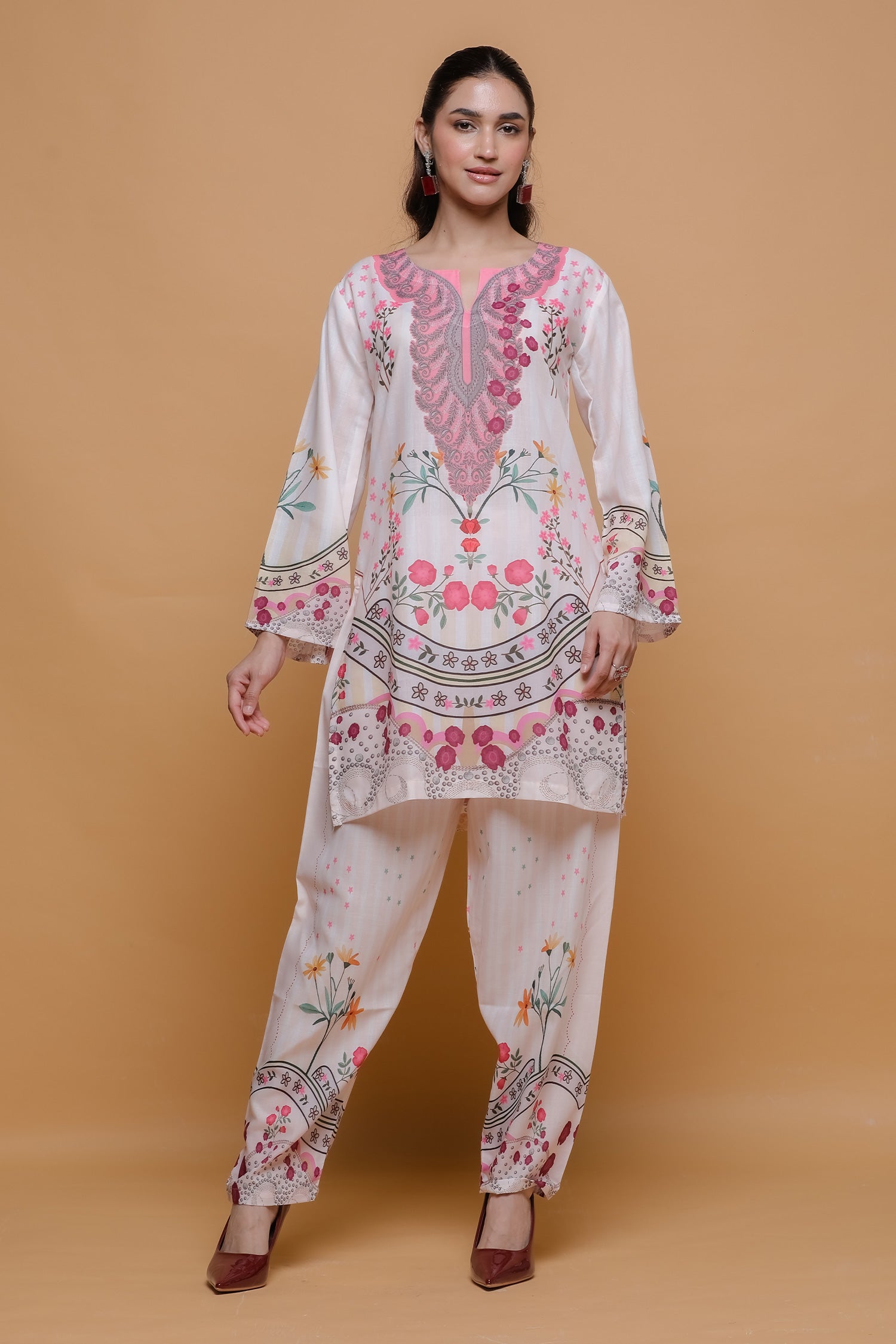 Ivory Floral Printed Lawn Cotton Kurta Set with Straight Pants