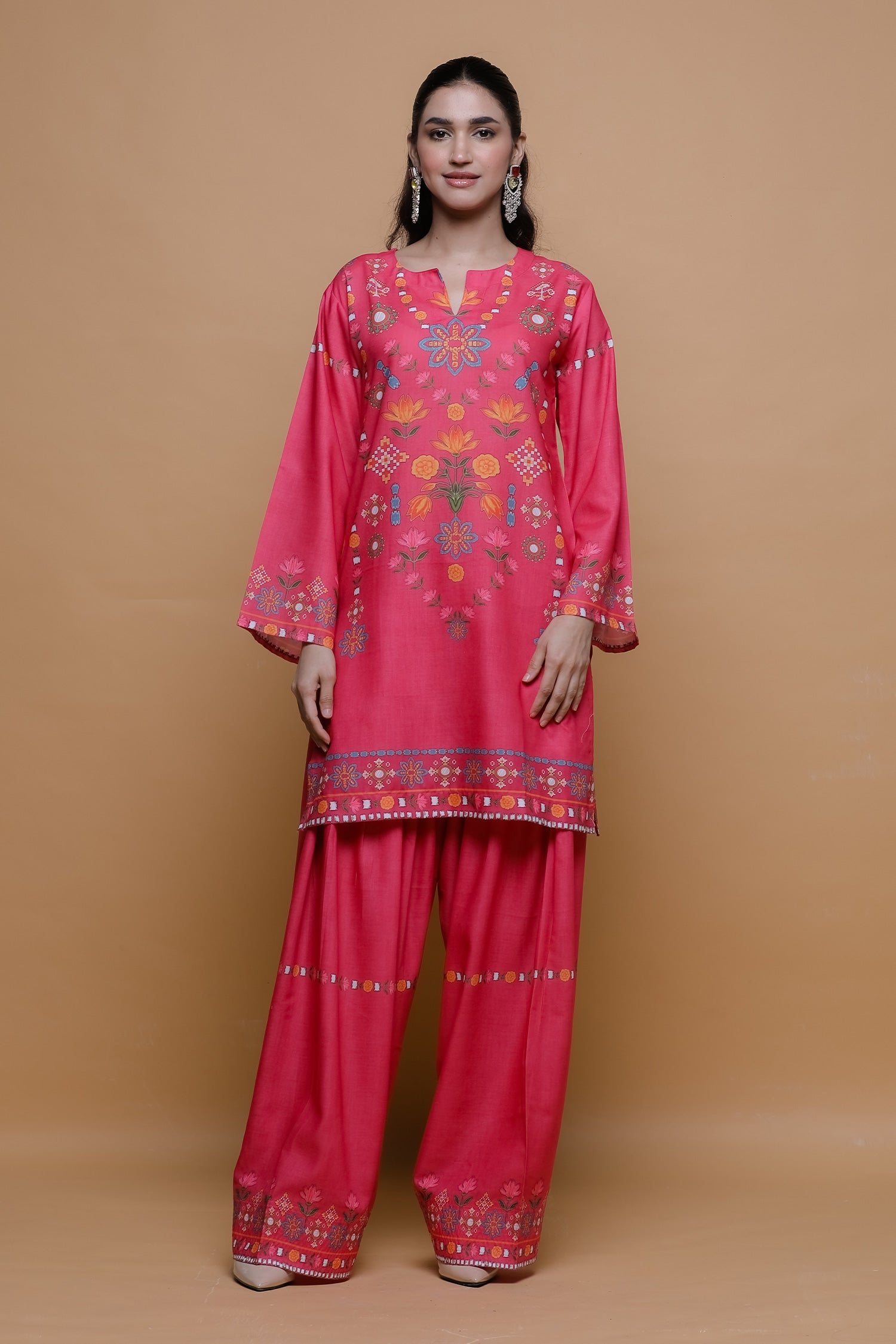 Raspberry Pink Printed Lawn Cotton Kurta Set with Farsi Pants