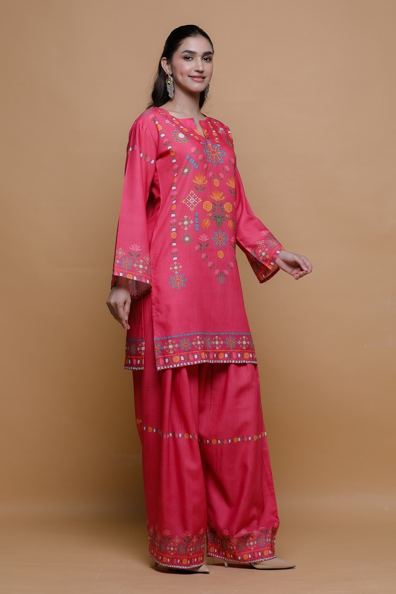 Raspberry Pink Printed Lawn Cotton Kurta Set with Farsi Pants