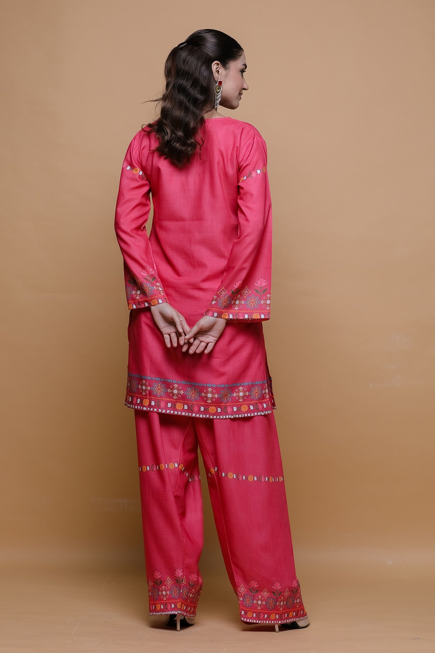 Raspberry Pink Printed Lawn Cotton Kurta Set with Farsi Pants