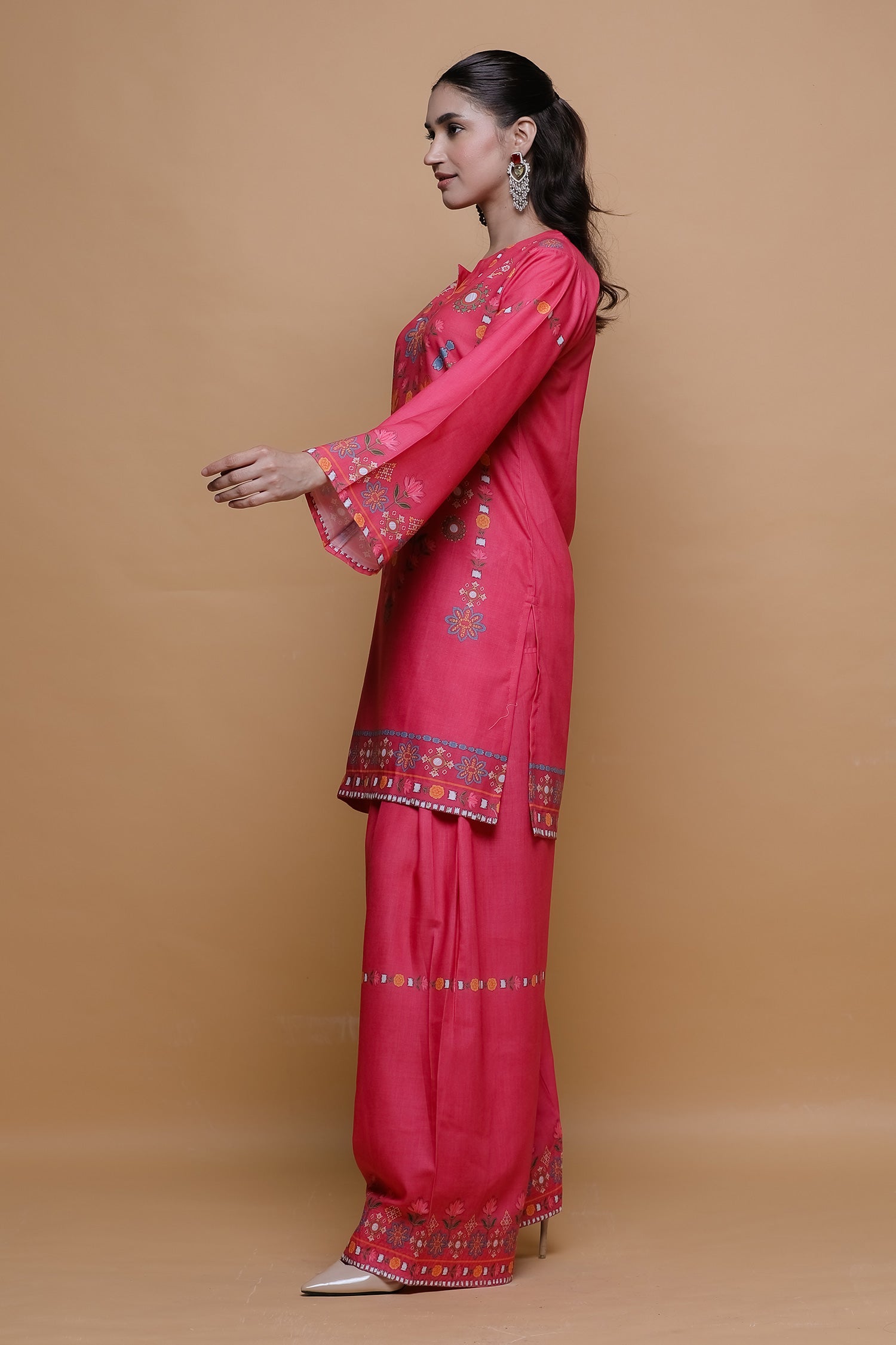 Raspberry Pink Printed Lawn Cotton Kurta Set with Farsi Pants