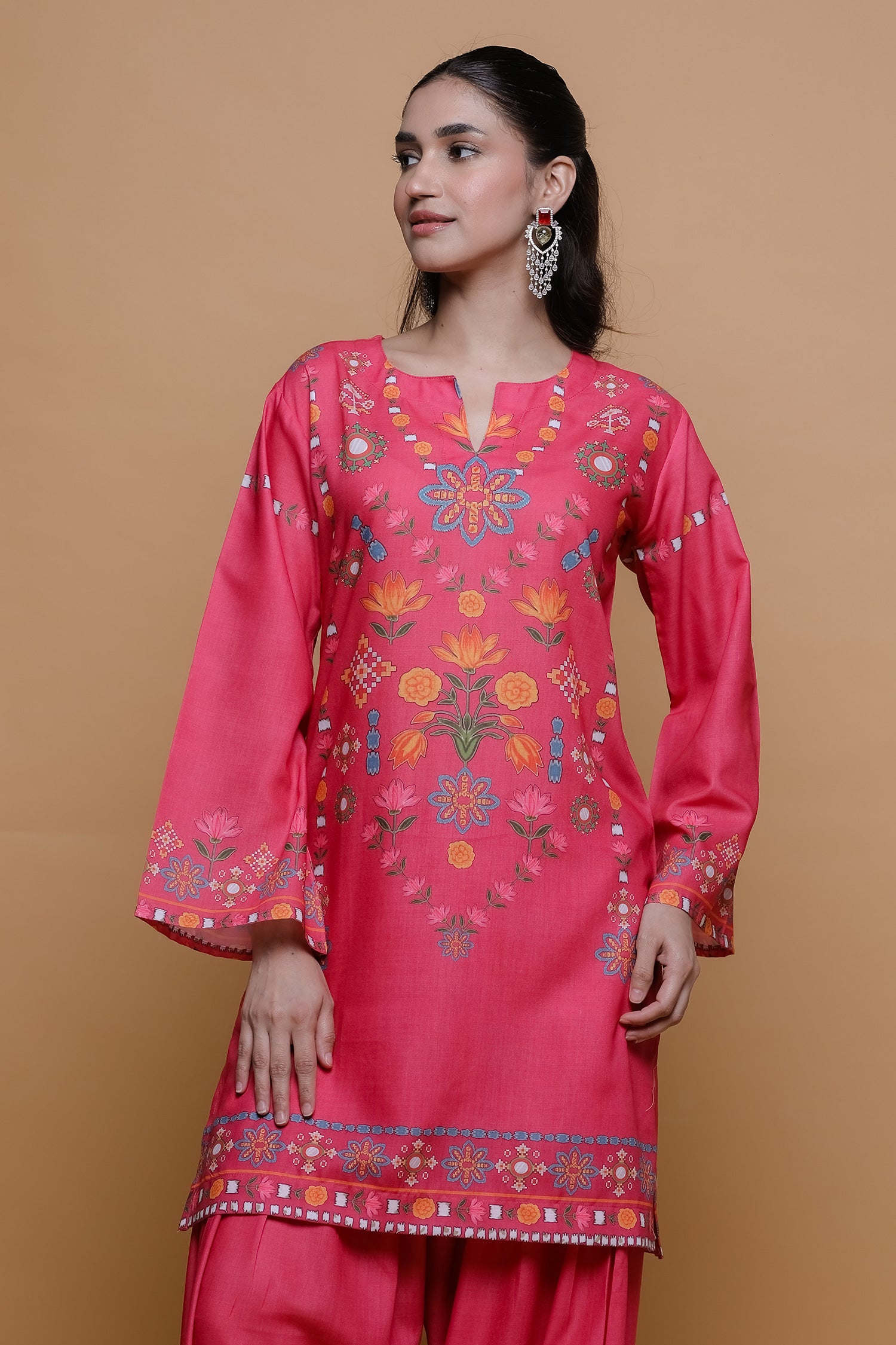 Raspberry Pink Printed Lawn Cotton Kurta Set with Farsi Pants