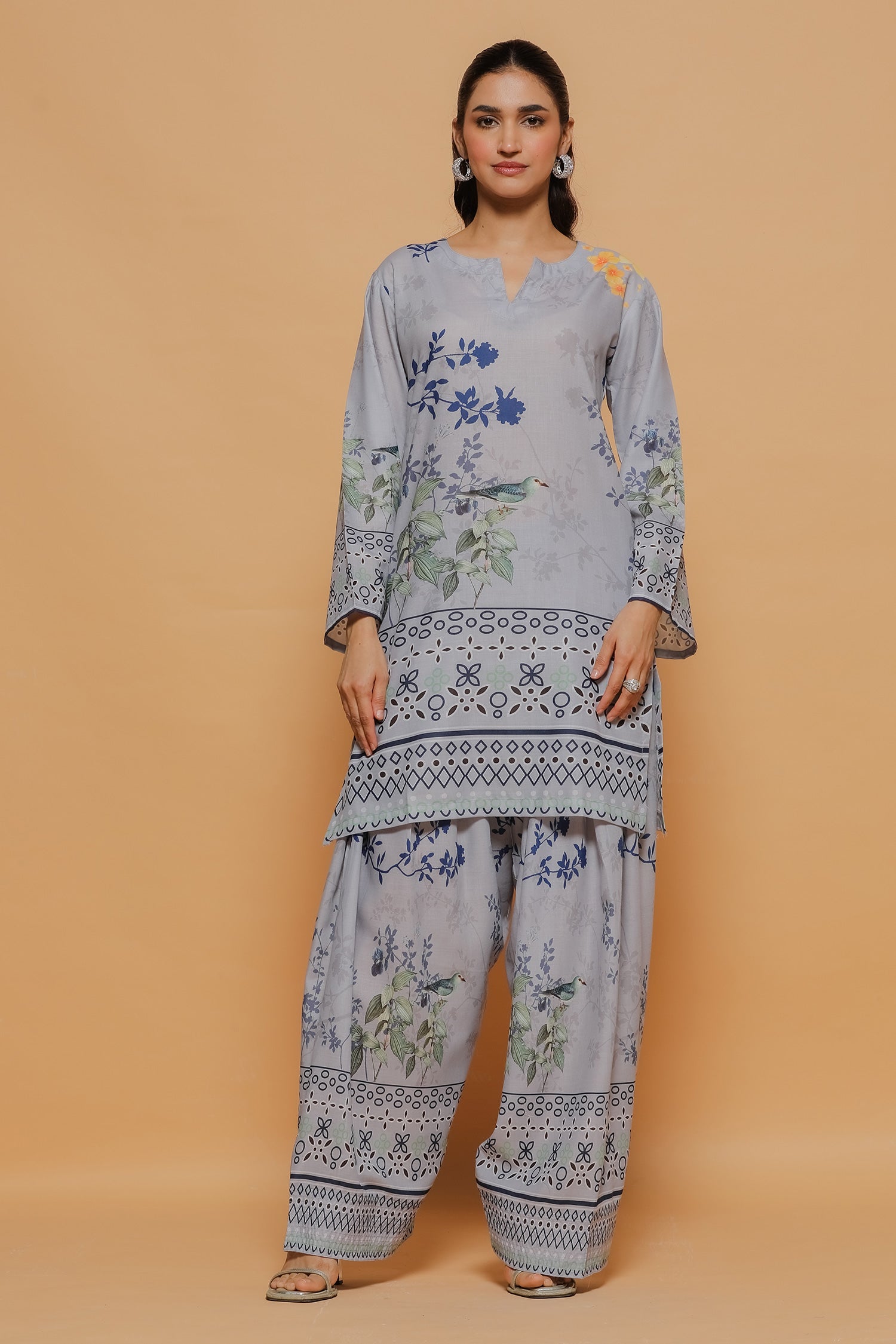 Grey Printed Lawn Cotton Kurta Set with Farsi Pants