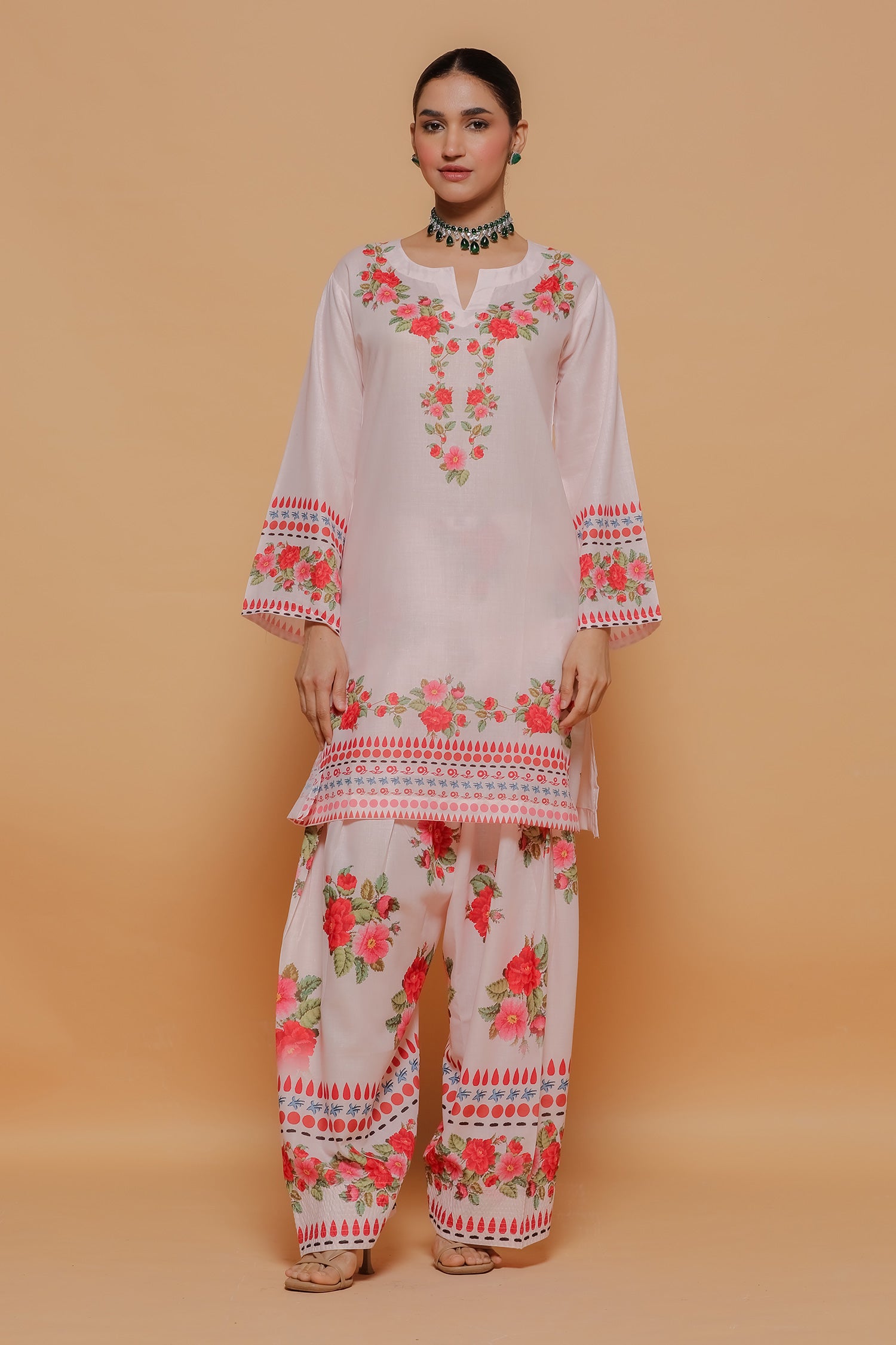 Blush Pink Floral Printed Lawn Cotton Kurta Set with Farsi Pants