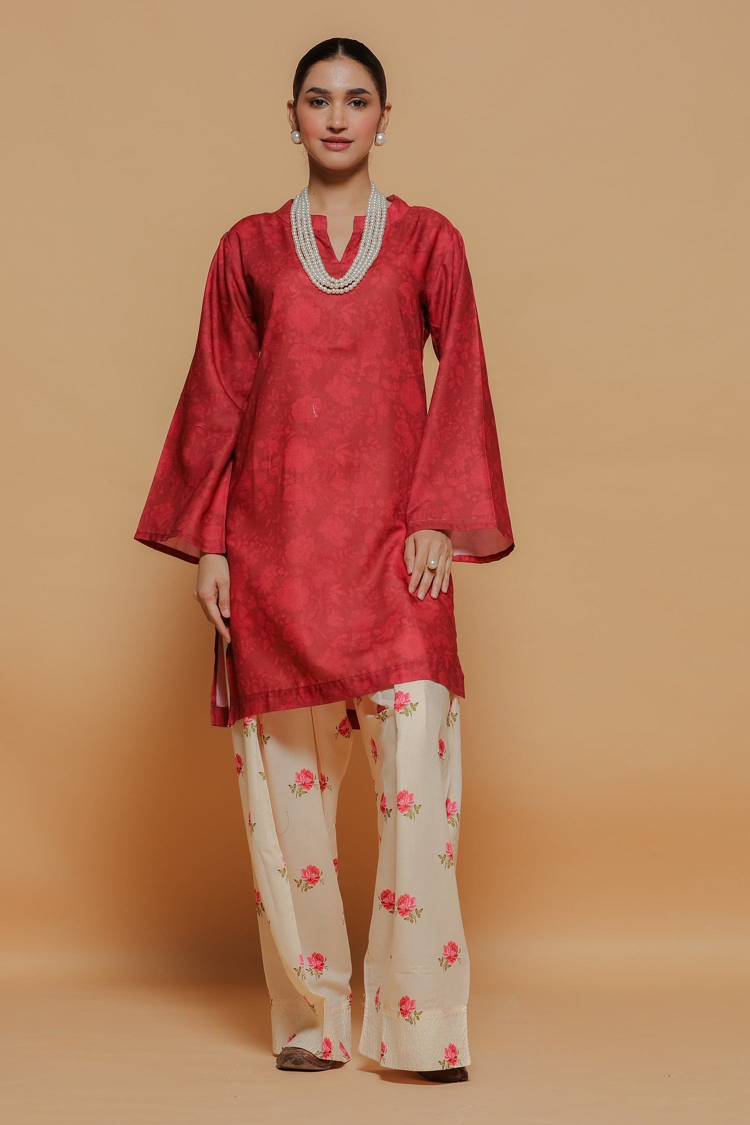 Red Printed Lawn Cotton Kurta Set with Farsi Pants