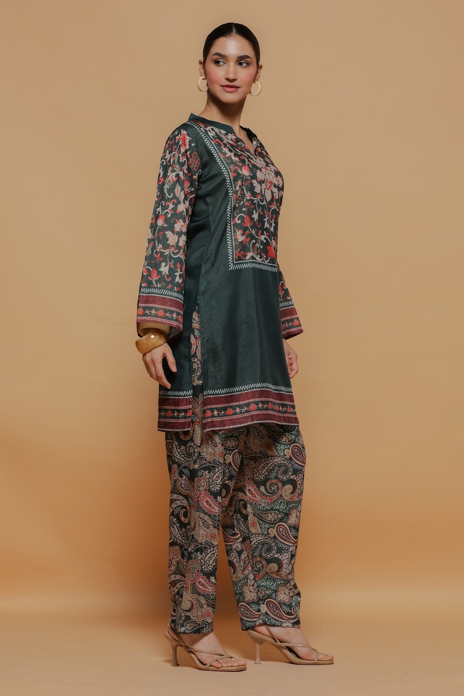 Emerald Green Printed Shimmer Lawn Cotton Kurta Set with Straight Pants
