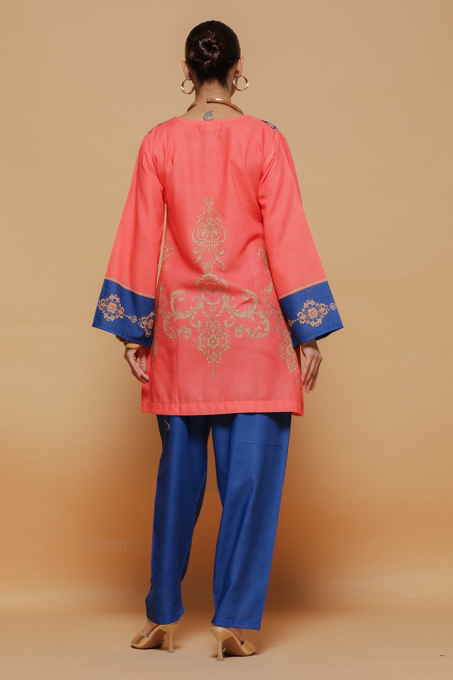 Coral & Royal Blue Printed Lawn Cotton Kurta Set with Straight Pants